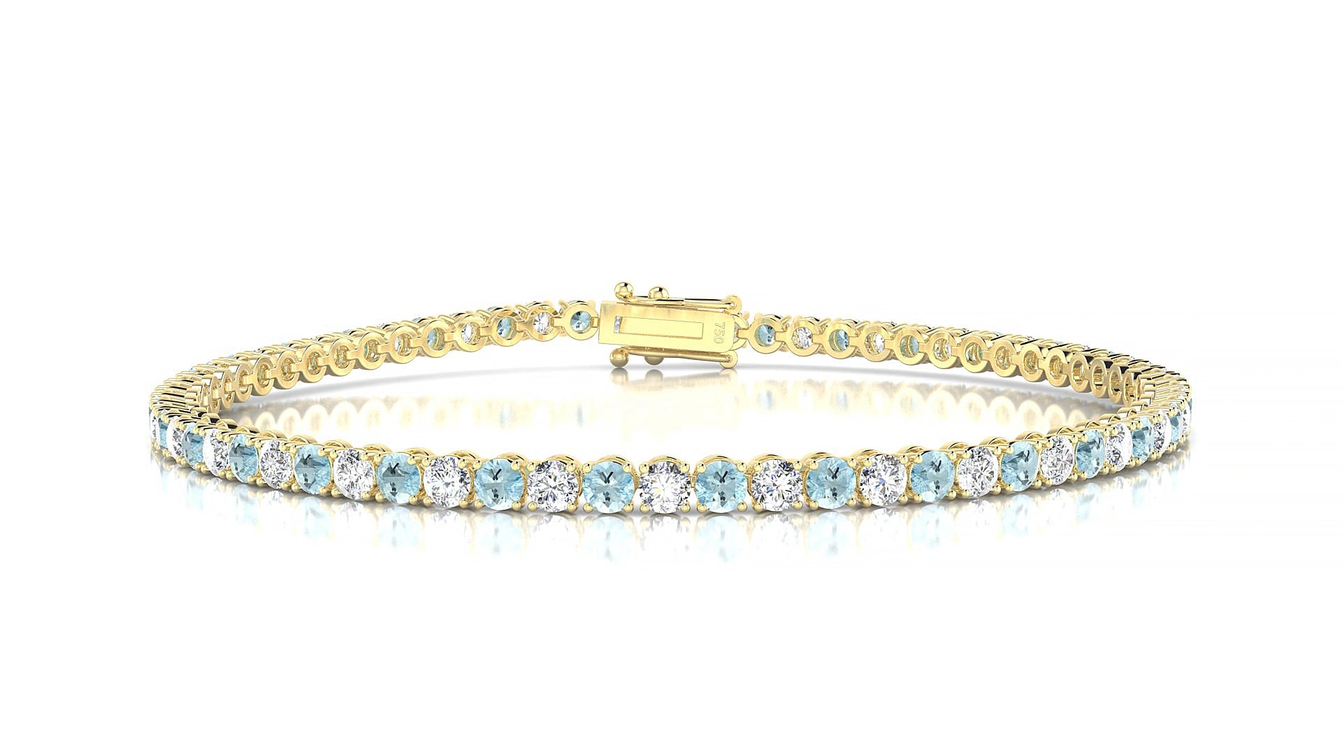 Firenze 1-1 | 18k Yellow Gold 2.5 mm Round Natural Aquamarine & Diamond 15 cm Tennis Bracelet