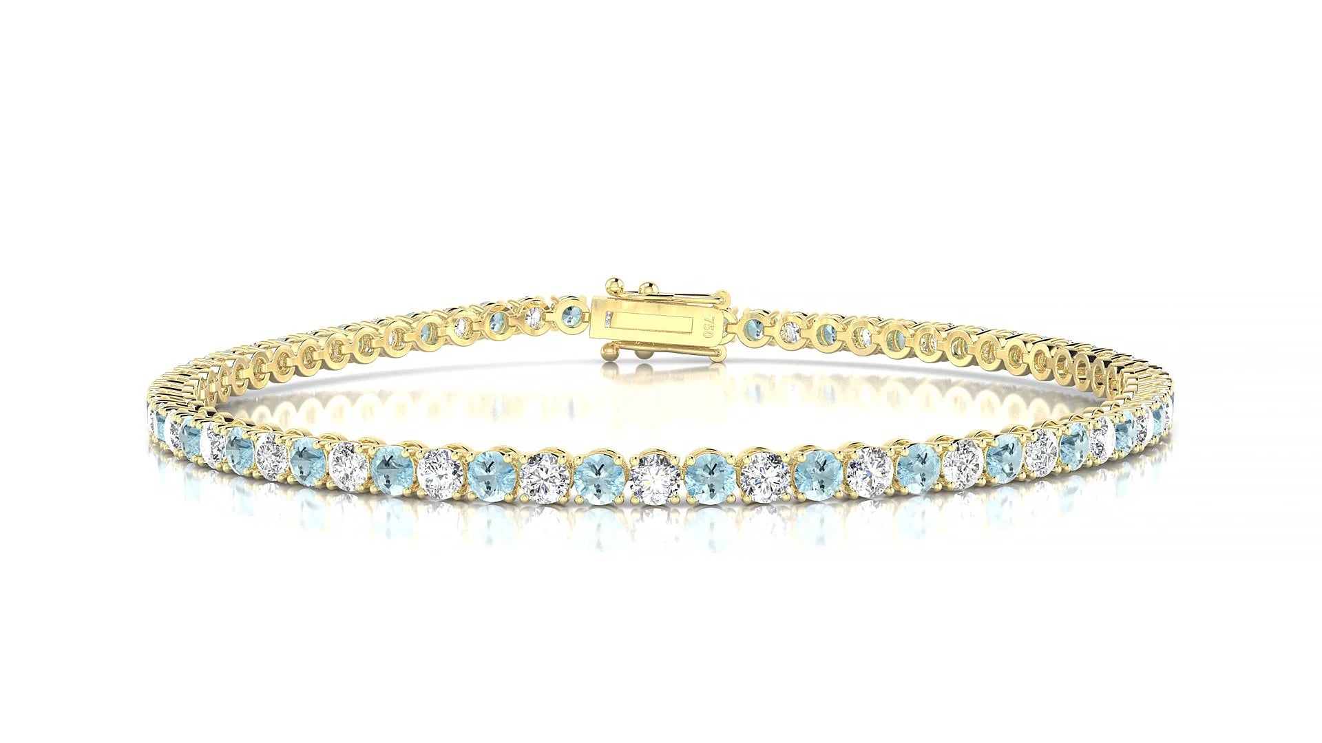 Firenze 1-1 | 18k Yellow Gold 2.5 mm Round Natural Aquamarine & Diamond Tennis Bracelet