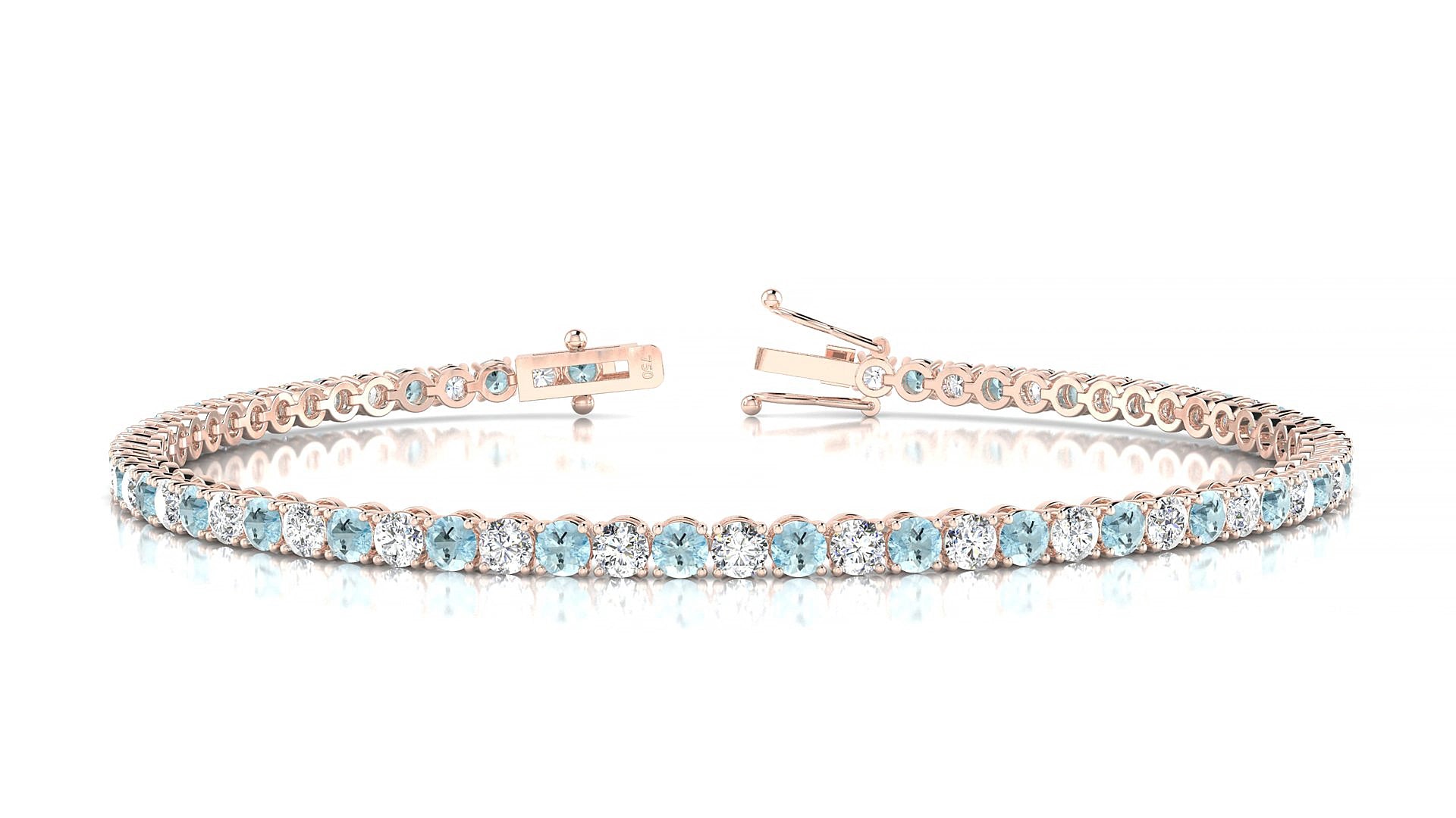 Firenze 1-1 | 18k Rose Gold 2.5 mm Round Natural Aquamarine & Diamond 15 cm Tennis Bracelet
