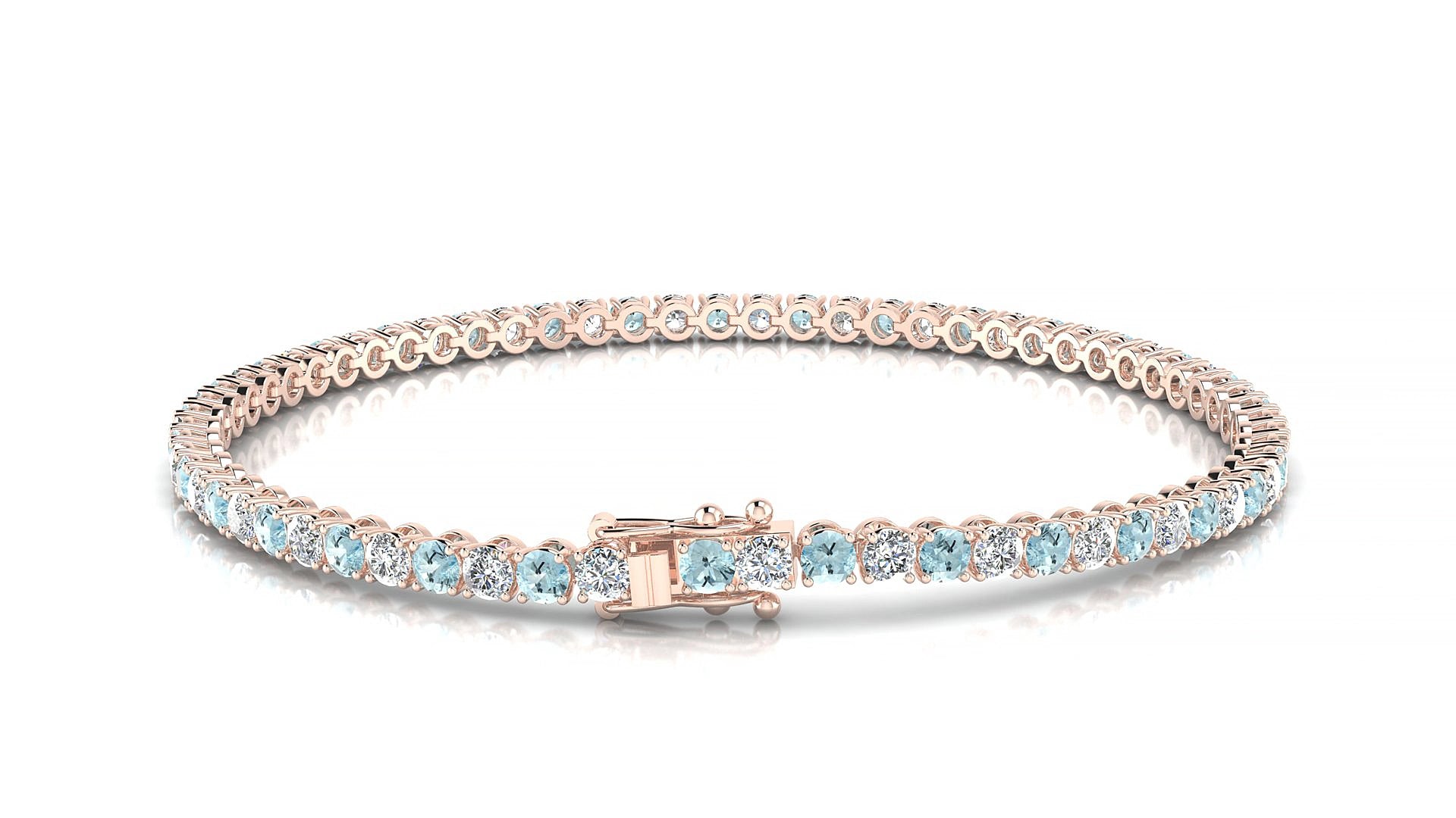 Firenze 1-1 | 18k Rose Gold 2.5 mm Round Natural Aquamarine & Diamond 15 cm Tennis Bracelet