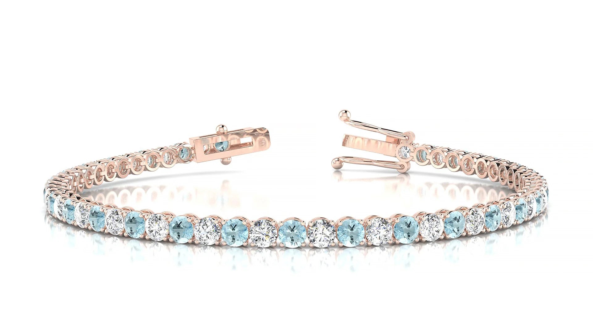 Firenze 1-1 | 18k Rose Gold 3 mm Round Natural Aquamarine & Diamond Tennis Bracelet
