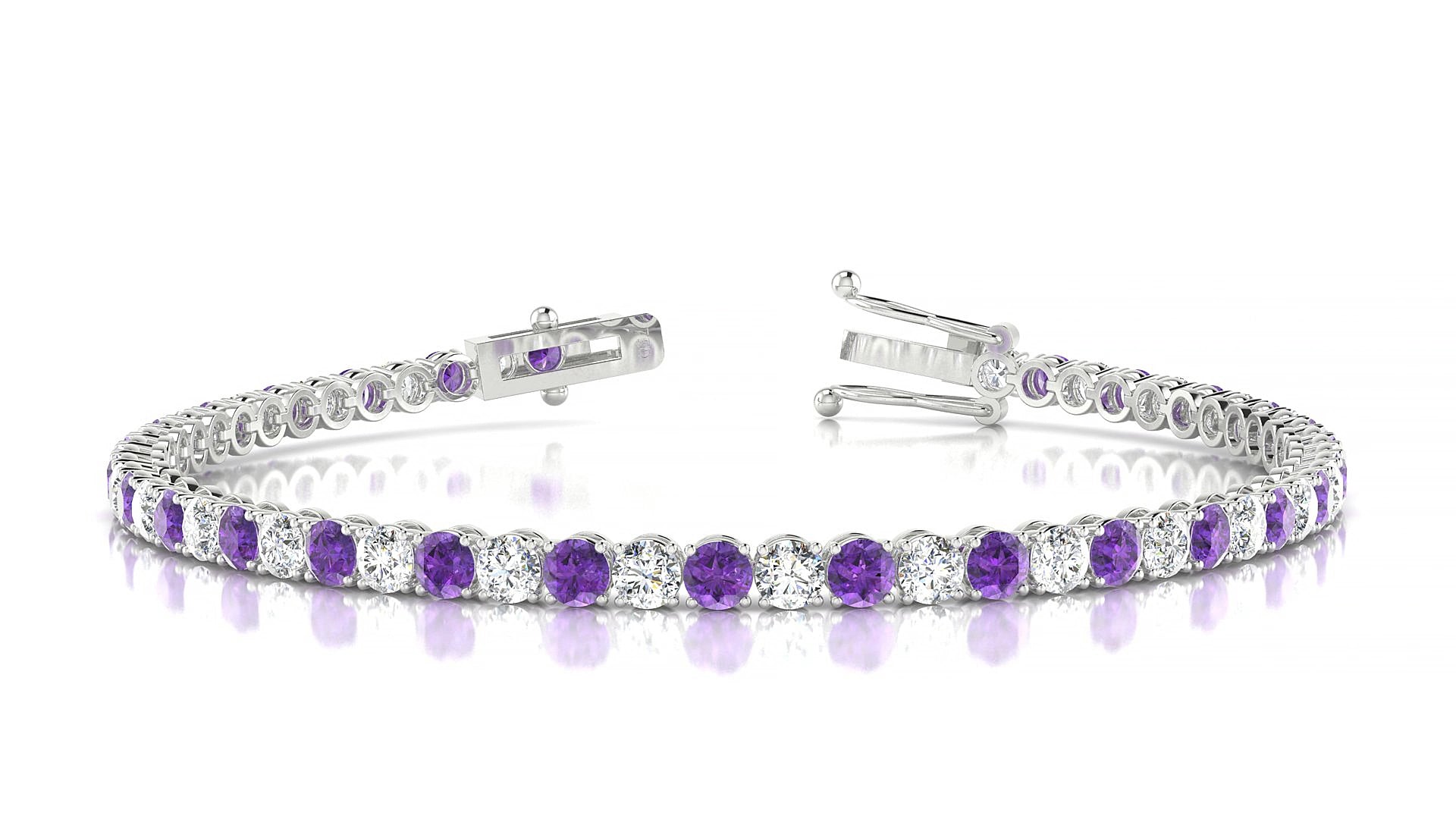 Firenze 1-1 | 18k White Gold 3 mm Round Natural Amethyst & Diamond 15 cm Tennis Bracelet