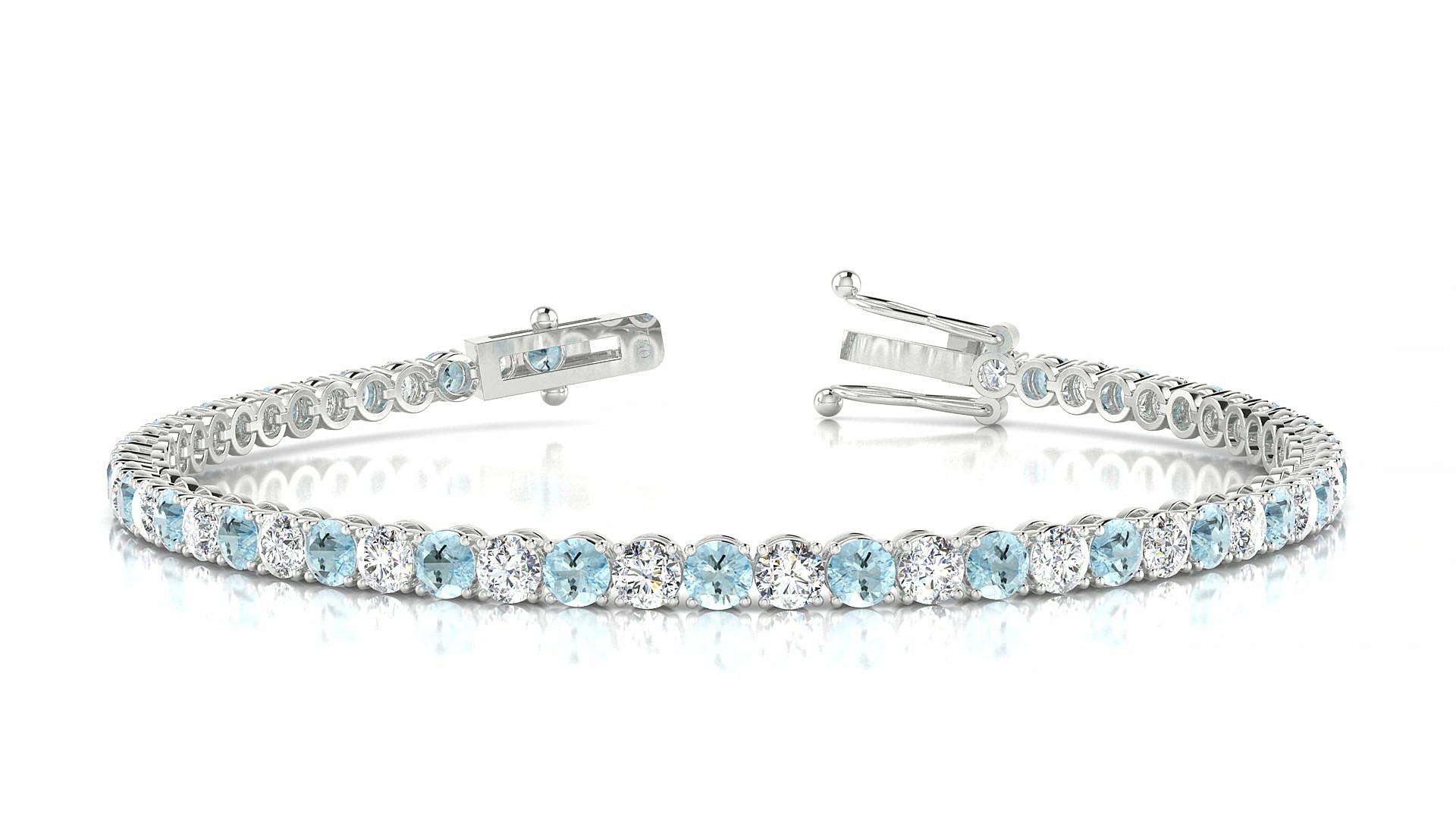 Firenze 1-1 | 18k White Gold 3 mm Round Natural Aquamarine & Diamond 15 cm Tennis Bracelet