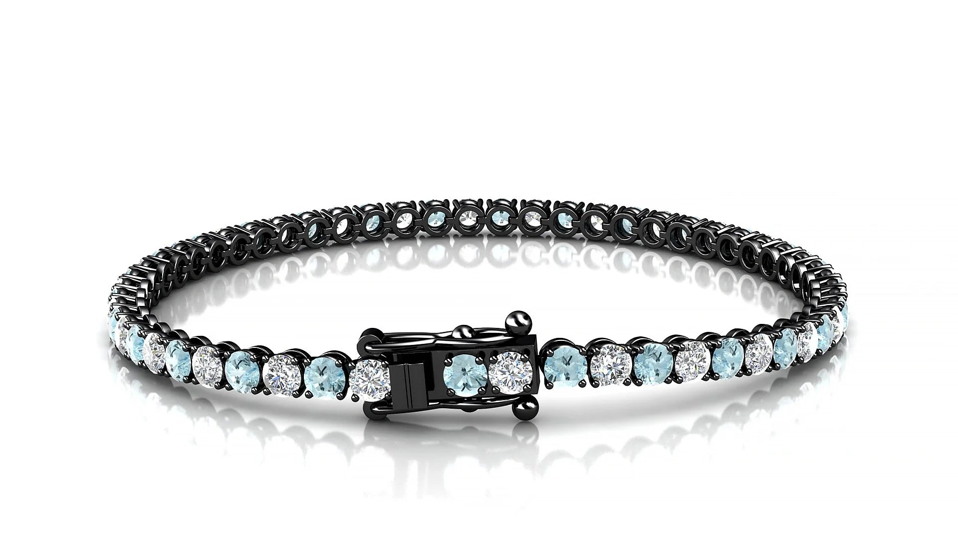 Firenze 1-1 | 18k Black Gold 3 mm Round Natural Aquamarine & Diamond Tennis Bracelet