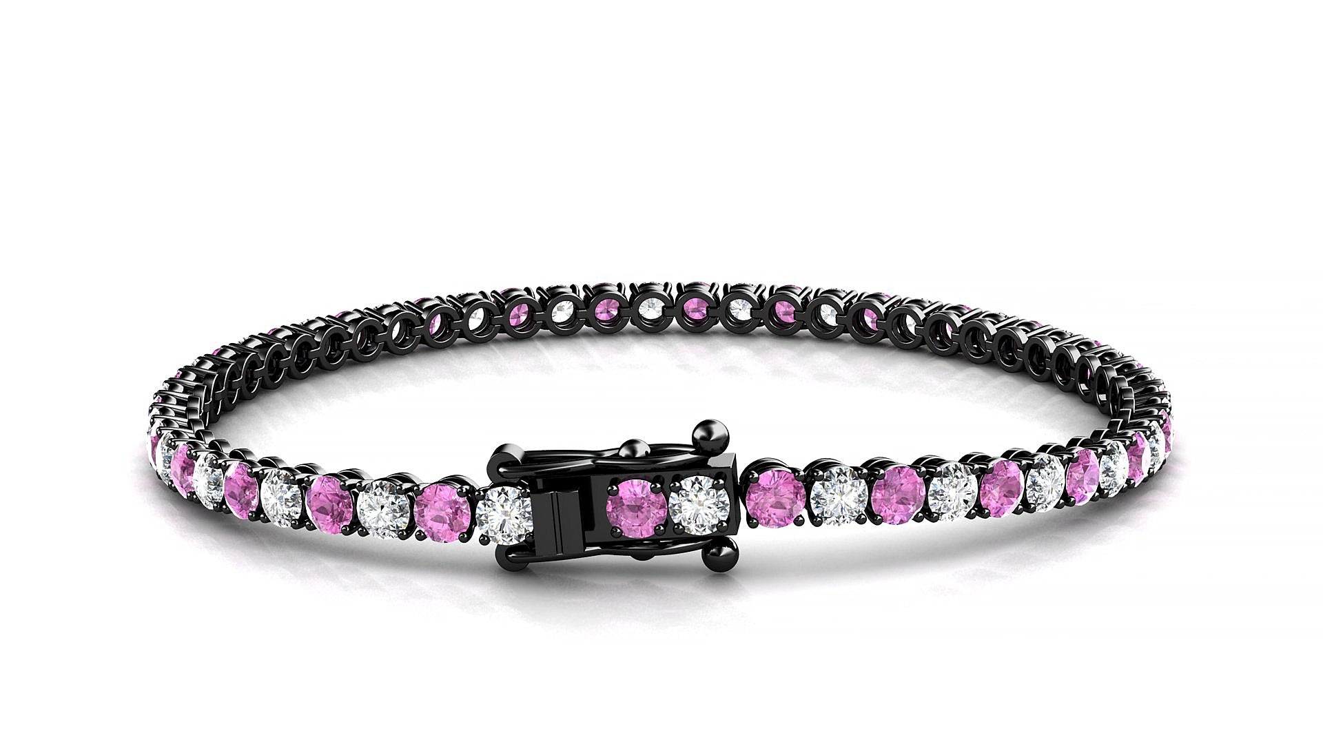 Firenze 1-1 | 18k Black Gold 3 mm Round Natural Pink Sapphire & Diamond 15 cm Tennis Bracelet