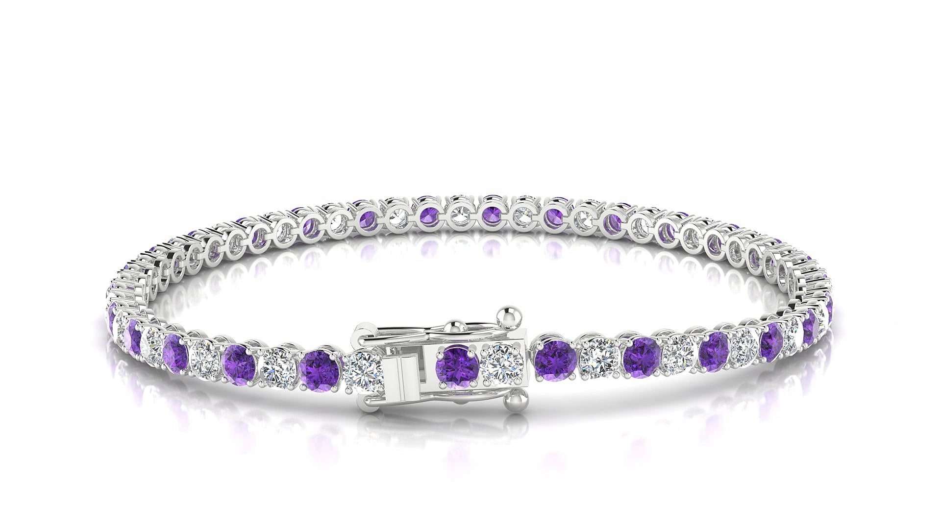 Firenze 1-1 | 18k White Gold 3 mm Round Natural Amethyst & Diamond 15 cm Tennis Bracelet