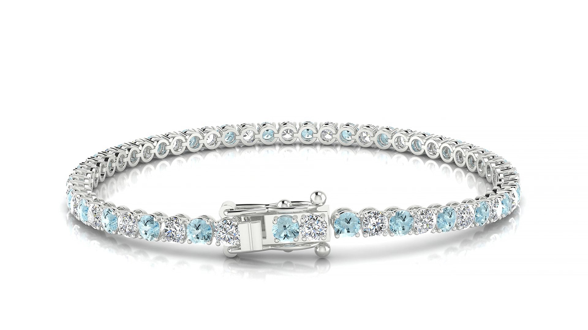 Firenze 1-1 | 18k White Gold 3 mm Round Natural Aquamarine & Diamond 15 cm Tennis Bracelet