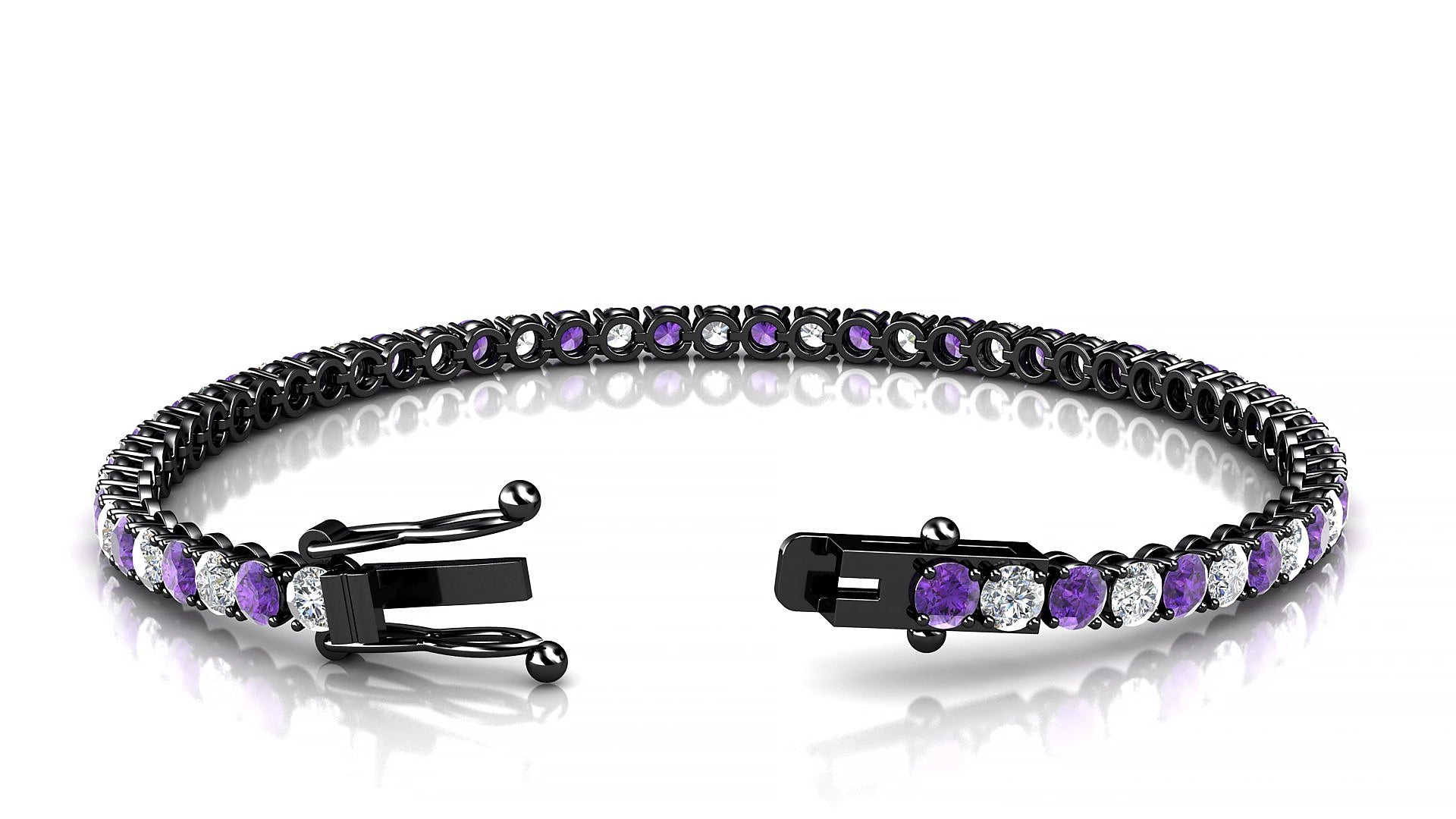 Firenze 1-1 | 18k Black Gold 3 mm Round Natural Amethyst & Diamond 15 cm Tennis Bracelet