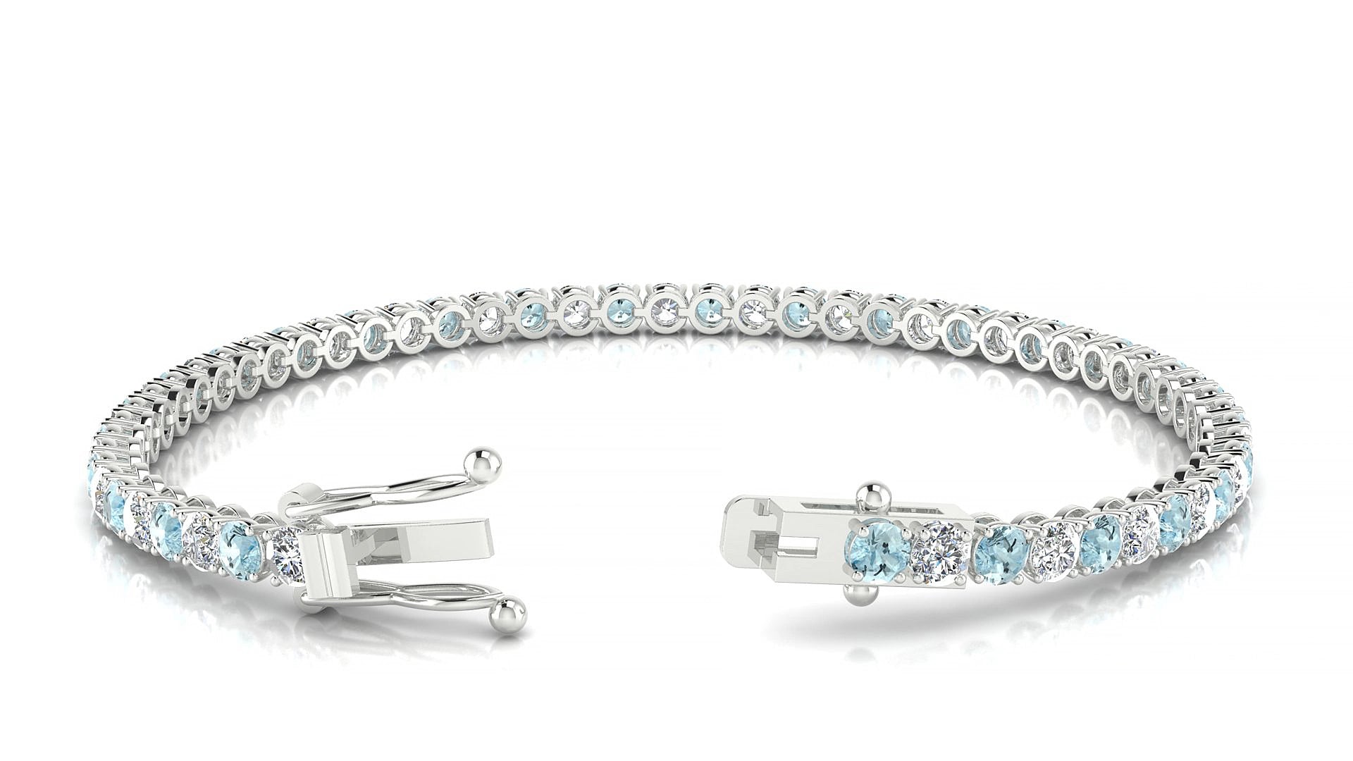 Firenze 1-1 | 18k White Gold 3 mm Round Natural Aquamarine & Diamond 15 cm Tennis Bracelet