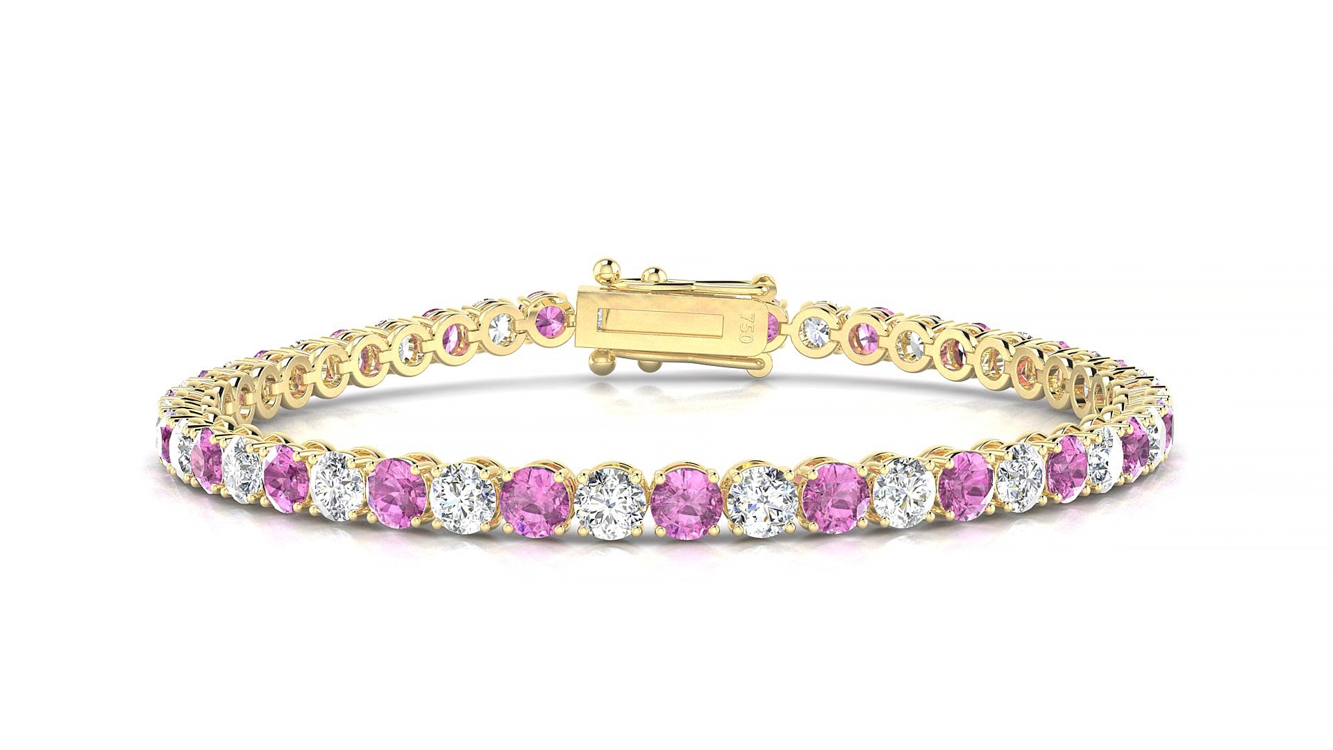 Firenze 1-1 | 18k Yellow Gold 3.4 mm Round Natural Pink Sapphire & Diamond 15 cm Tennis Bracelet