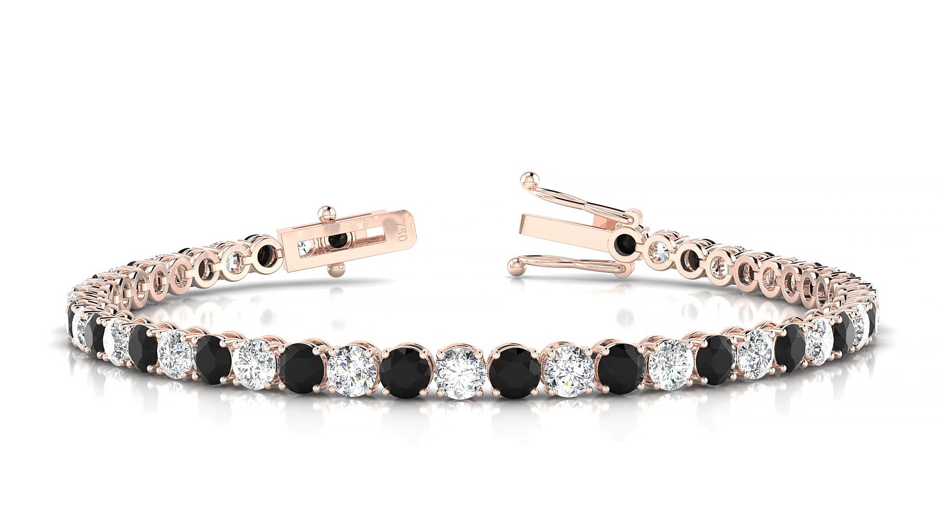 Firenze 1-1 | 18k Rose Gold 3.4 mm Round Natural Black Diamond & Diamond 15 cm Tennis Bracelet