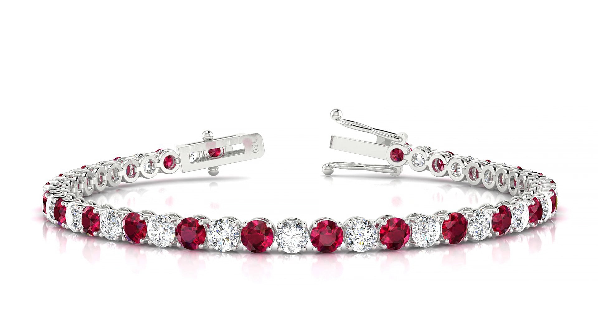 Firenze 1-1 | 18k White Gold 3.4 mm Round Natural Ruby & Diamond 15 cm Tennis Bracelet