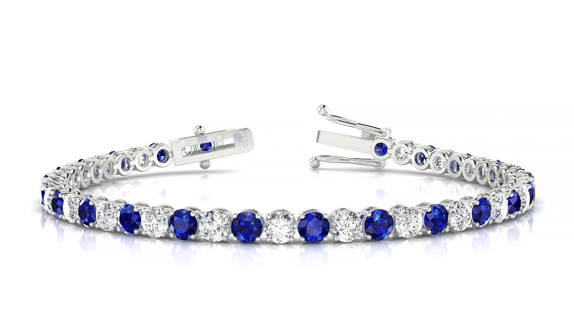 Firenze 1-1 | 18k White Gold 3.4 mm Round Natural Sapphire & Diamond 15 cm Tennis Bracelet