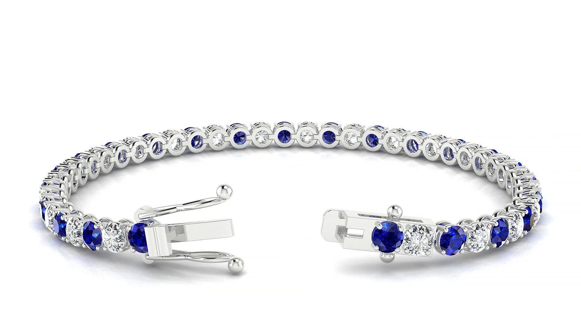 Firenze 1-1 | 18k White Gold 3.4 mm Round Natural Sapphire & Diamond 15 cm Tennis Bracelet