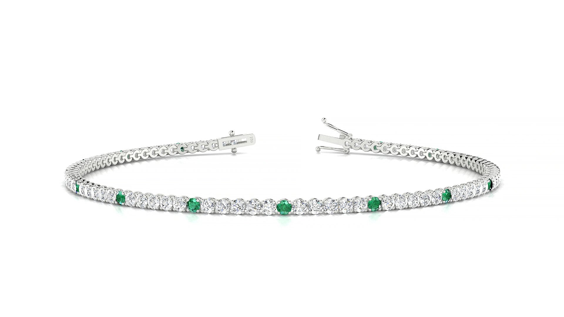 Firenze 1-5 | 18k White Gold 1.7 mm Round Natural Emerald & Diamond 19 cm Tennis Bracelet