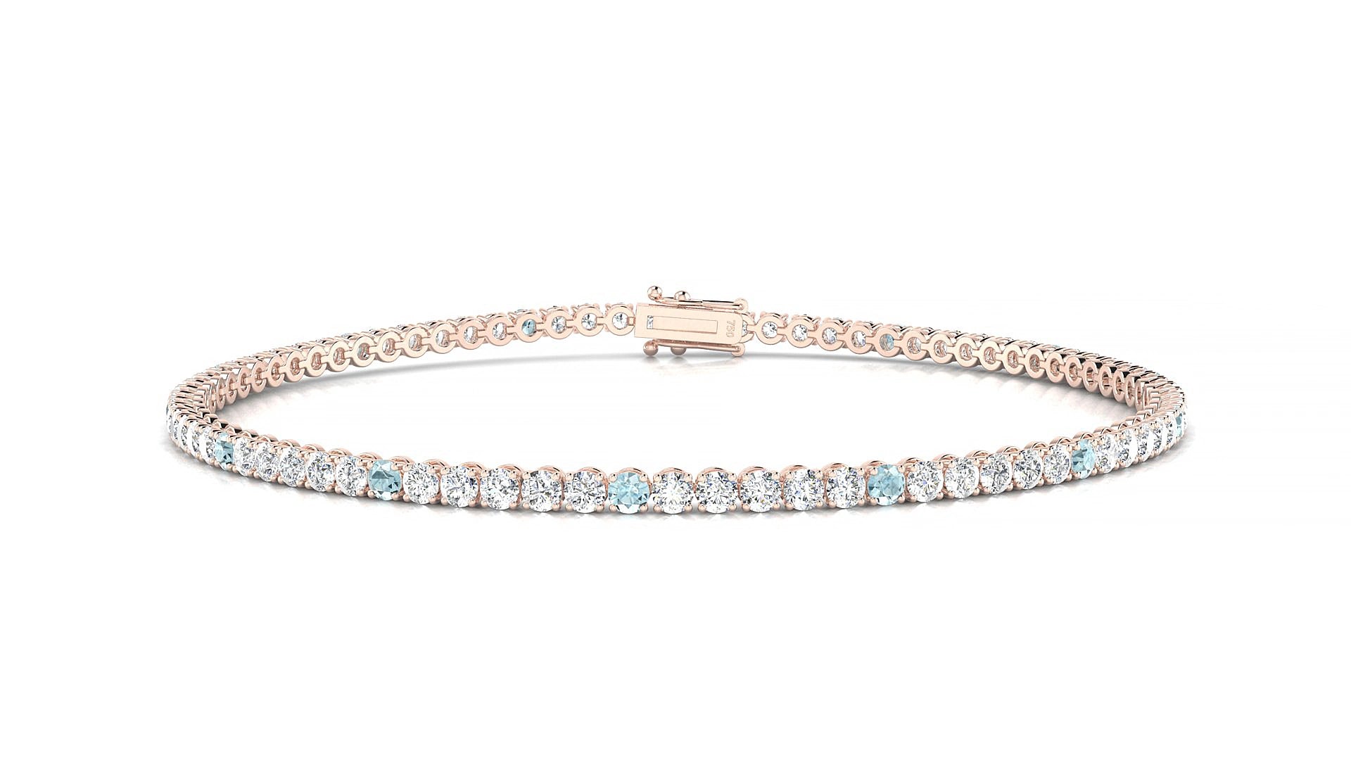 Firenze 1-5 | 18k Rose Gold 2 mm Round Natural Aquamarine & Diamond 15 cm Tennis Bracelet