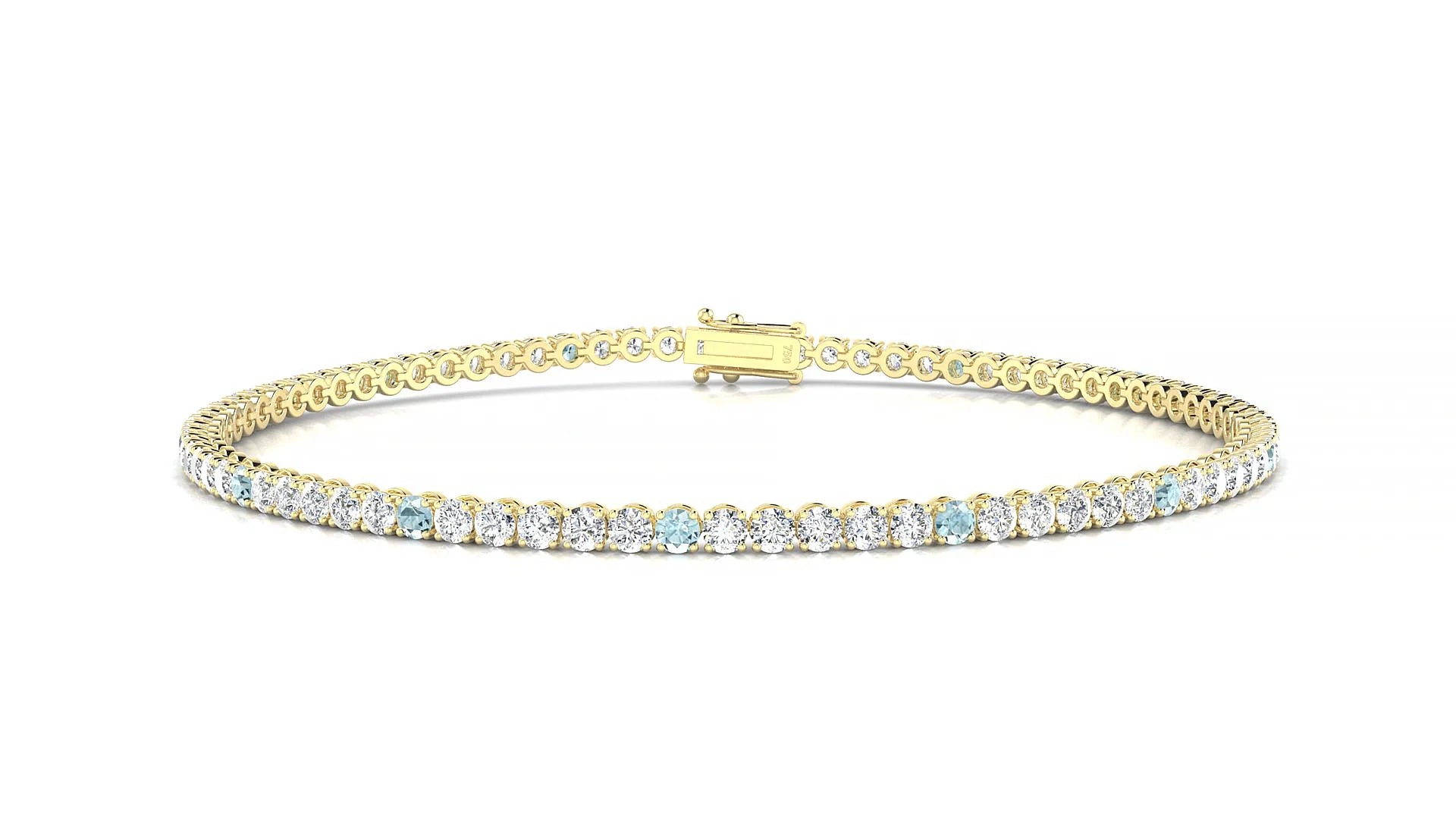 Firenze 1-5 | 18k Yellow Gold 2 mm Round Natural Aquamarine & Diamond Tennis Bracelet