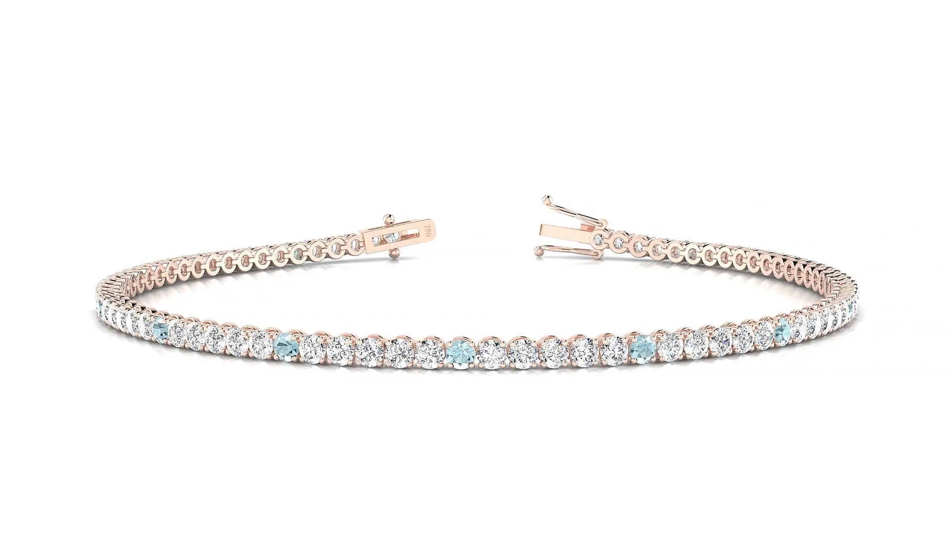 Firenze 1-5 | 18k Rose Gold 2 mm Round Natural Aquamarine & Diamond Tennis Bracelet