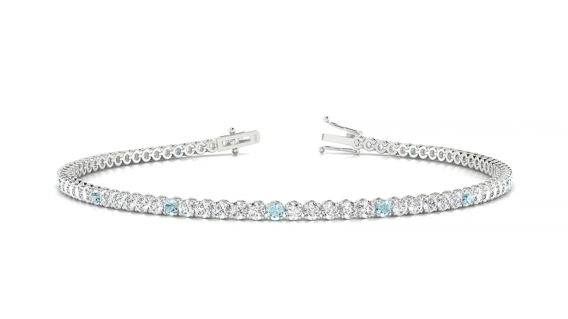 Firenze 1-5 | 18k White Gold 2 mm Round Natural Aquamarine & Diamond Tennis Bracelet