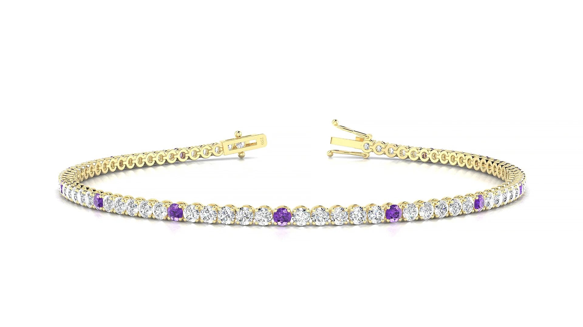 Firenze 1-5 | 18k Yellow Gold 2 mm Round Natural Amethyst & Diamond Tennis Bracelet