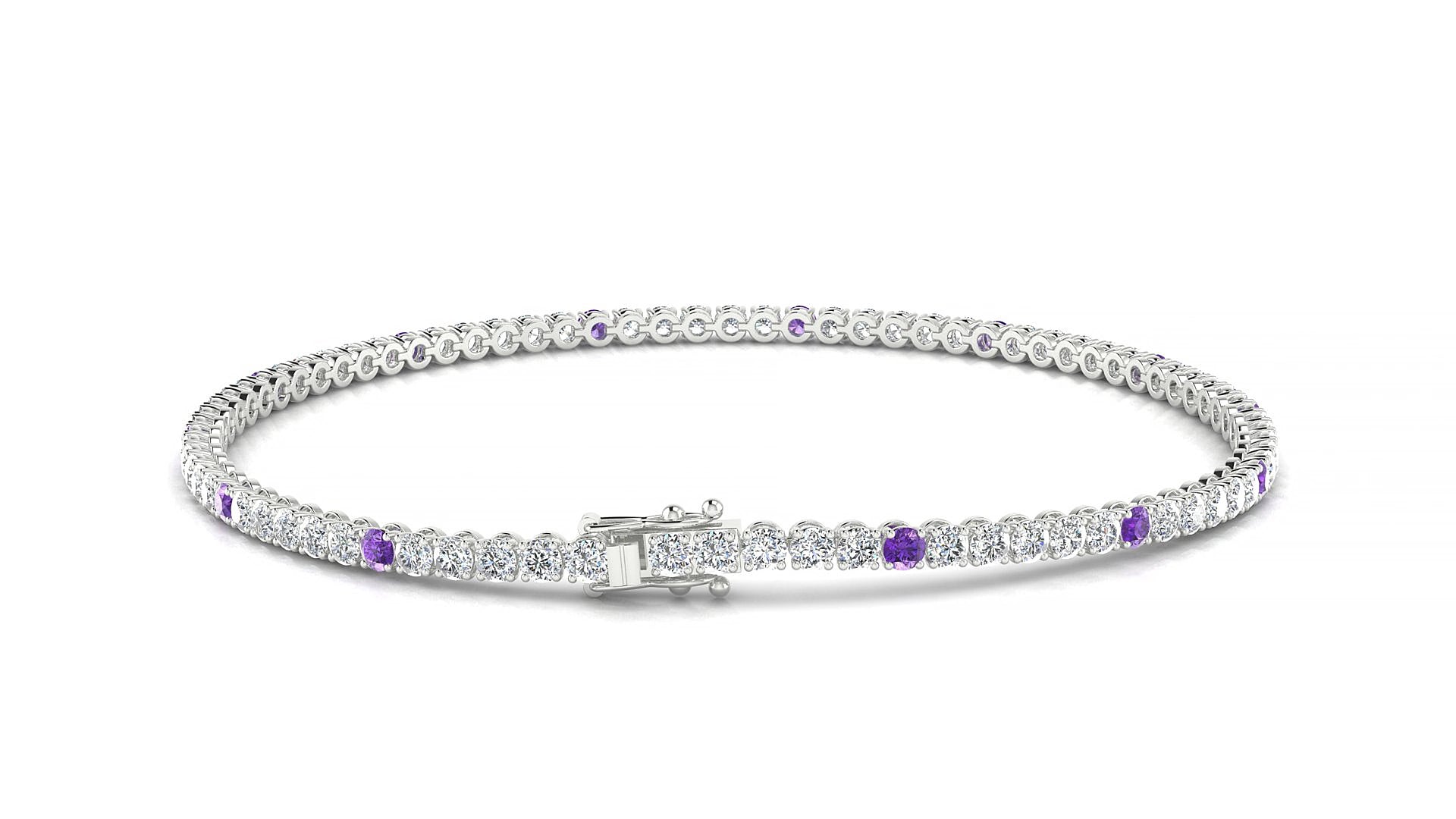 Firenze 1-5 | 18k White Gold 2 mm Round Natural Amethyst & Diamond 15 cm Tennis Bracelet