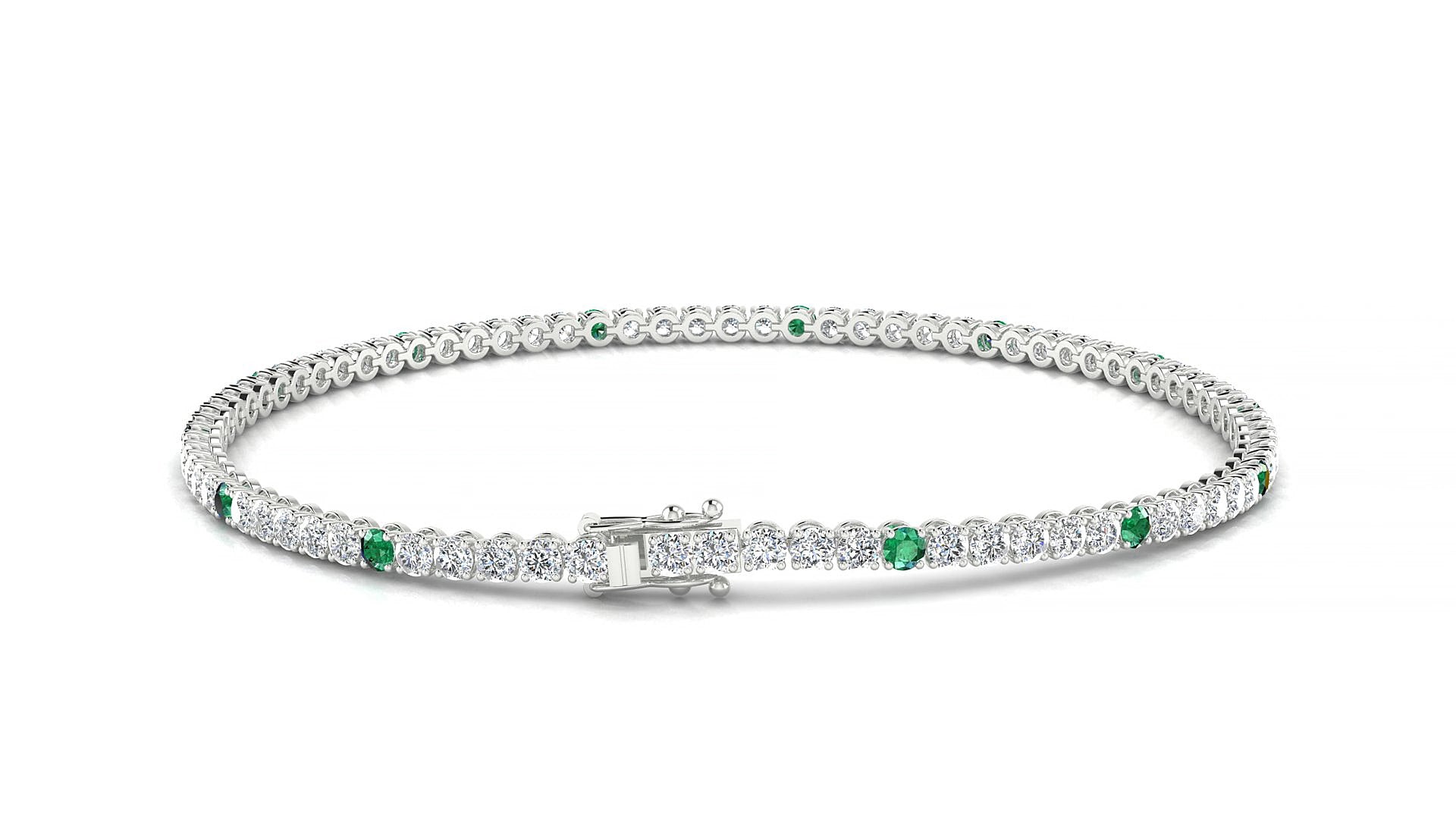 Firenze 1-5 | 18k White Gold 2 mm Round Natural Emerald & Diamond 19 cm Tennis Bracelet