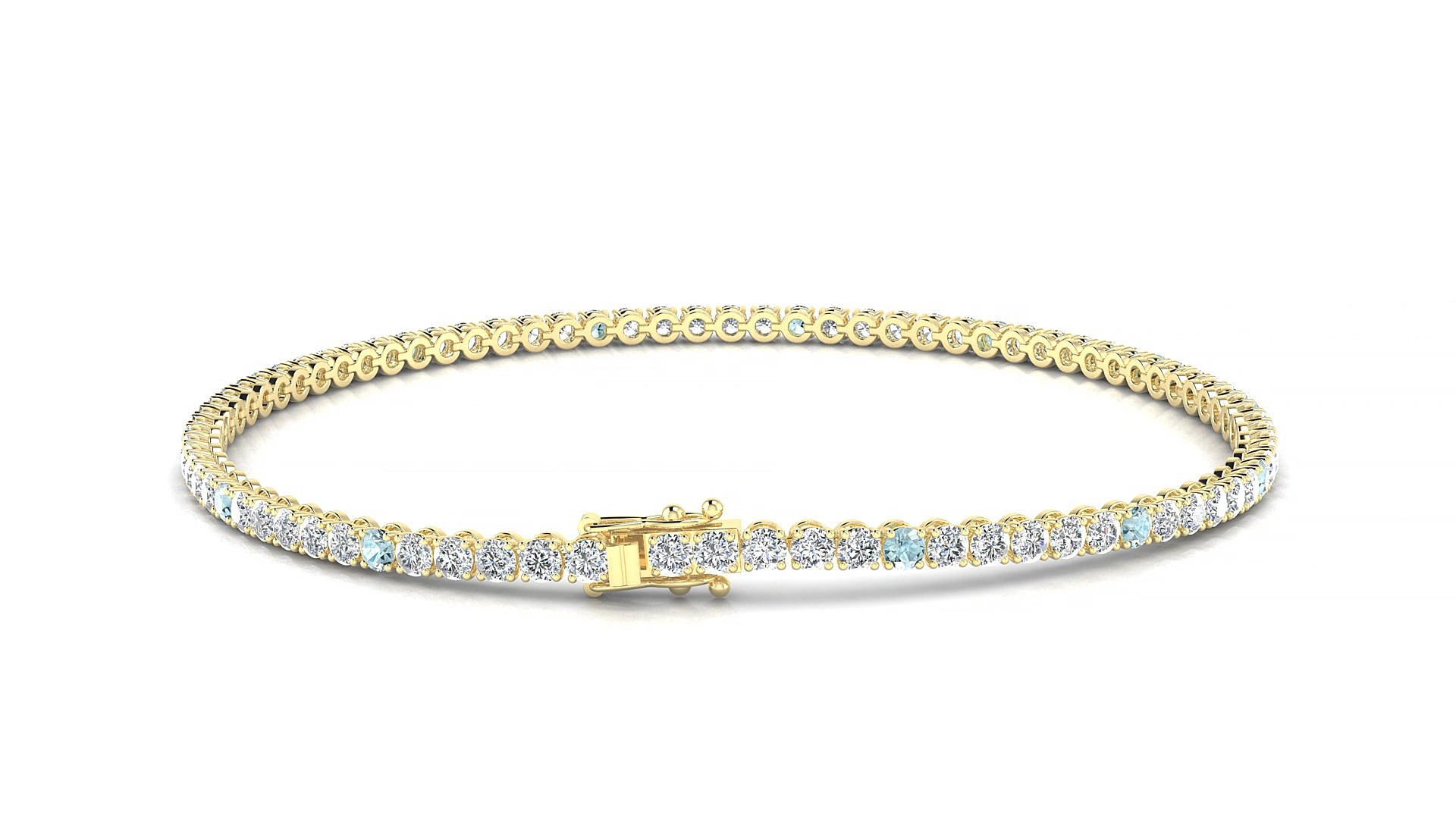 Firenze 1-5 | 18k Yellow Gold 2 mm Round Natural Aquamarine & Diamond 15 cm Tennis Bracelet