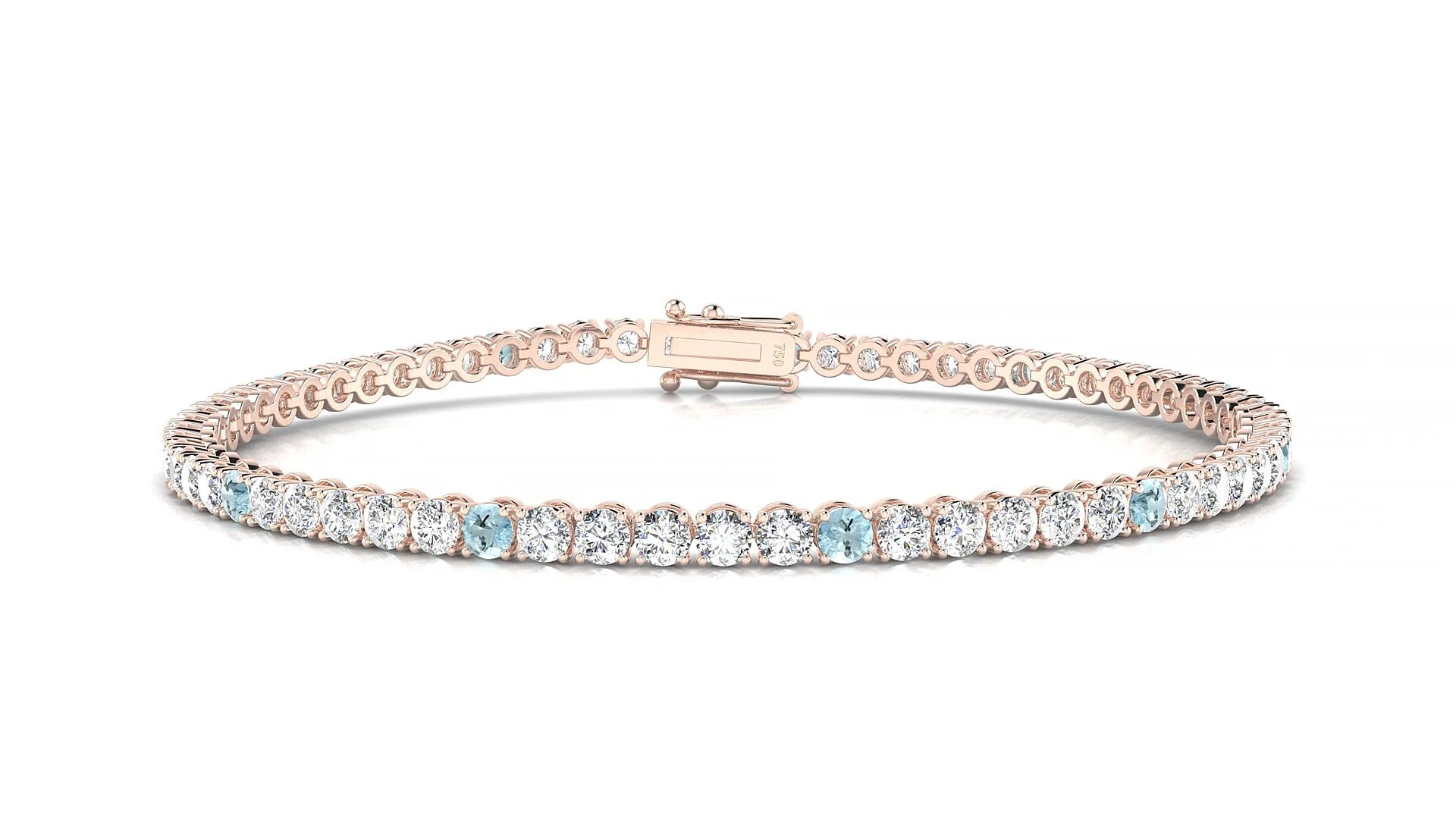 Firenze 1-5 | 18k Rose Gold 2.5 mm Round Natural Aquamarine & Diamond Tennis Bracelet
