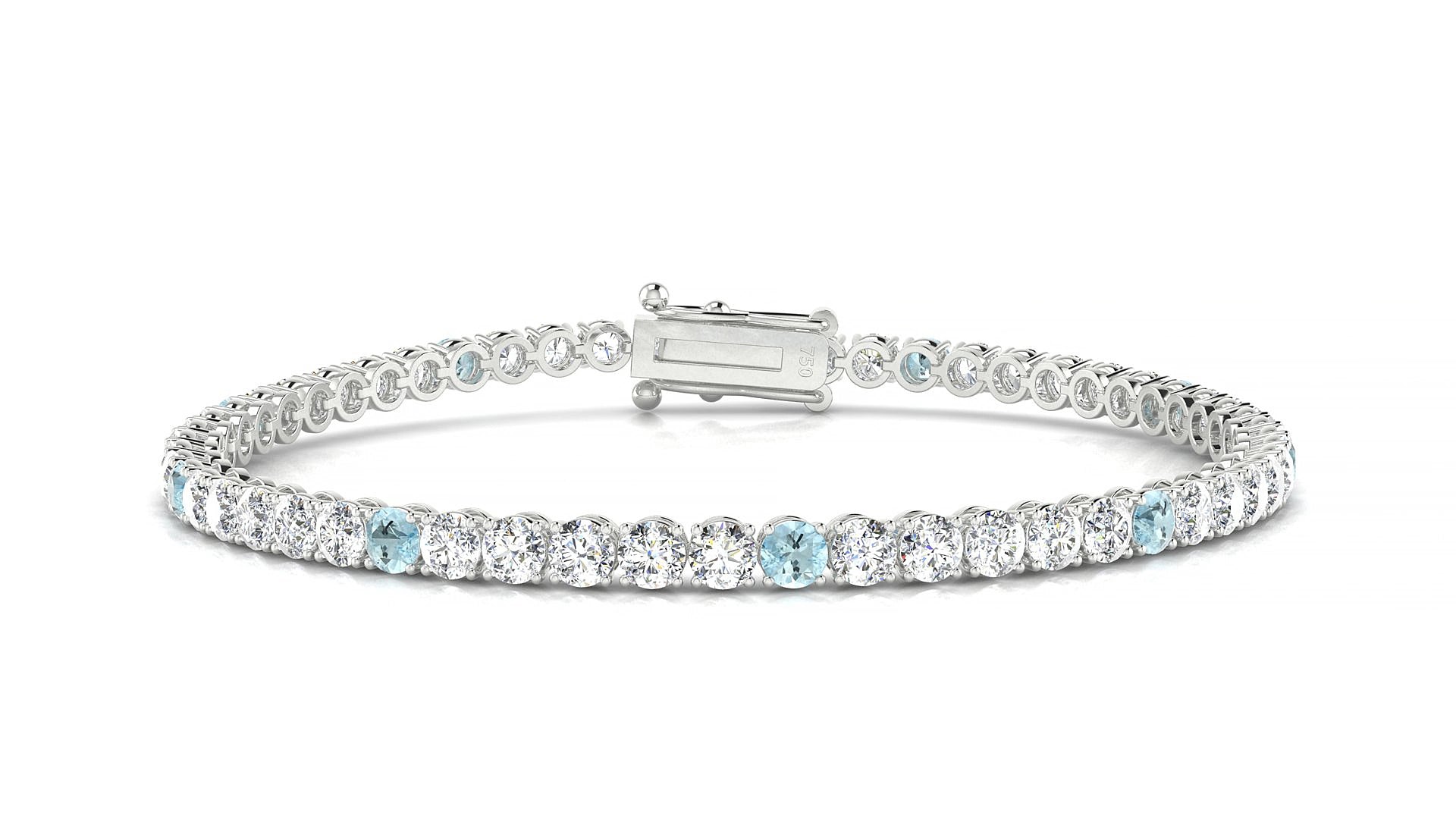 Firenze 1-5 | 18k White Gold 3 mm Round Natural Aquamarine & Diamond 15 cm Tennis Bracelet