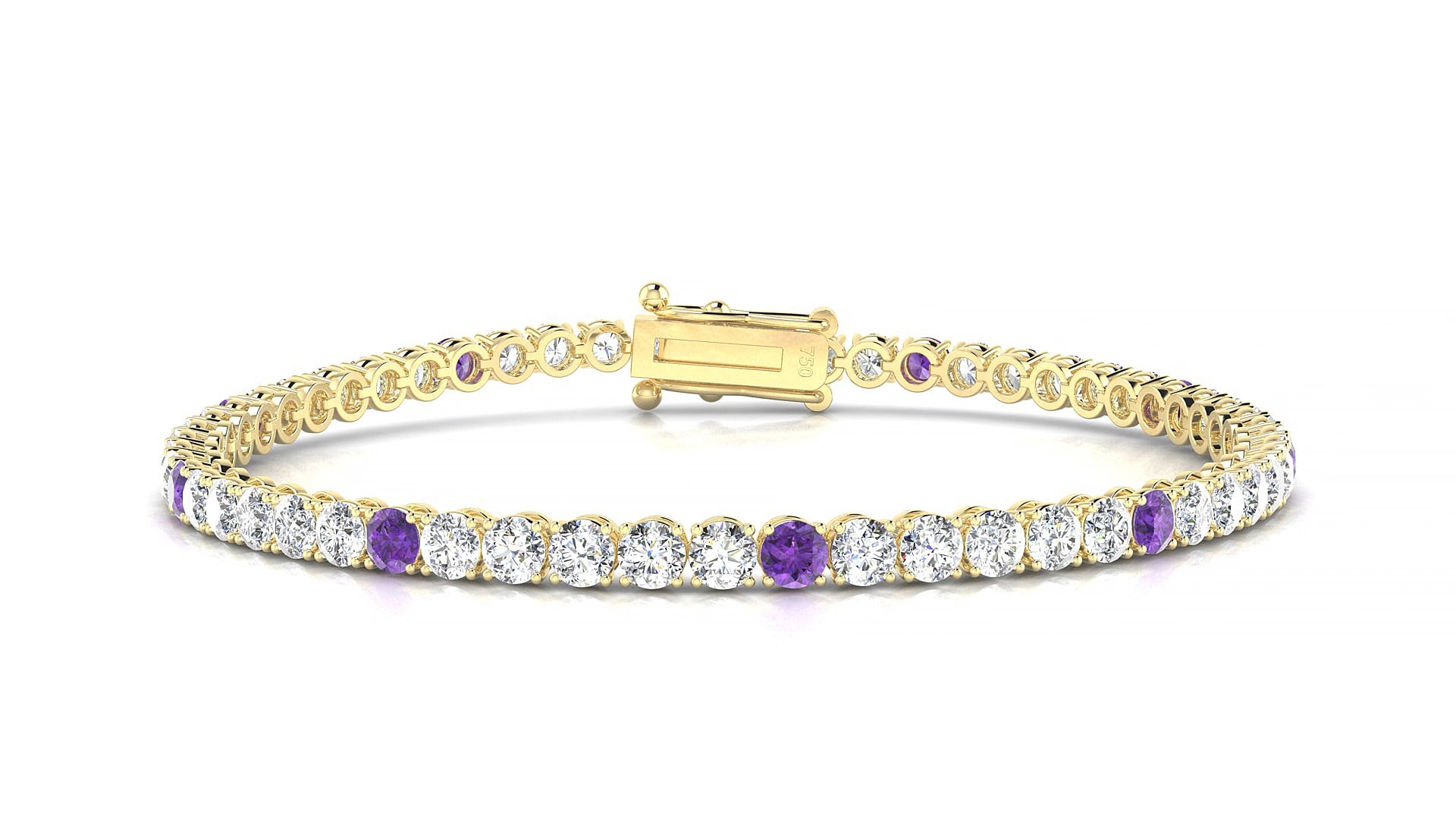 Firenze 1-5 | 18k Yellow Gold 3 mm Round Natural Amethyst & Diamond 15 cm Tennis Bracelet
