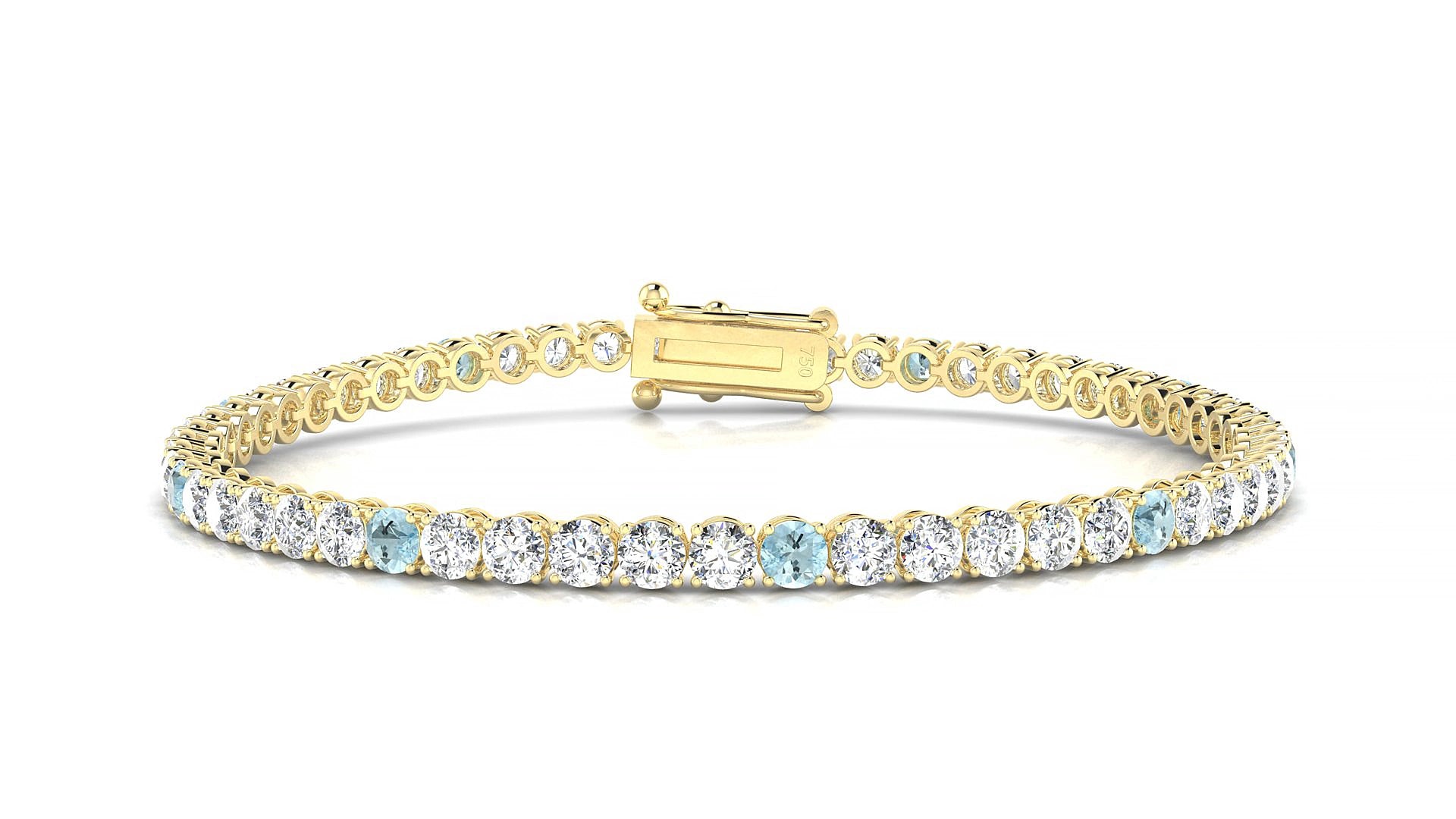 Firenze 1-5 | 18k Yellow Gold 3 mm Round Natural Aquamarine & Diamond 15 cm Tennis Bracelet
