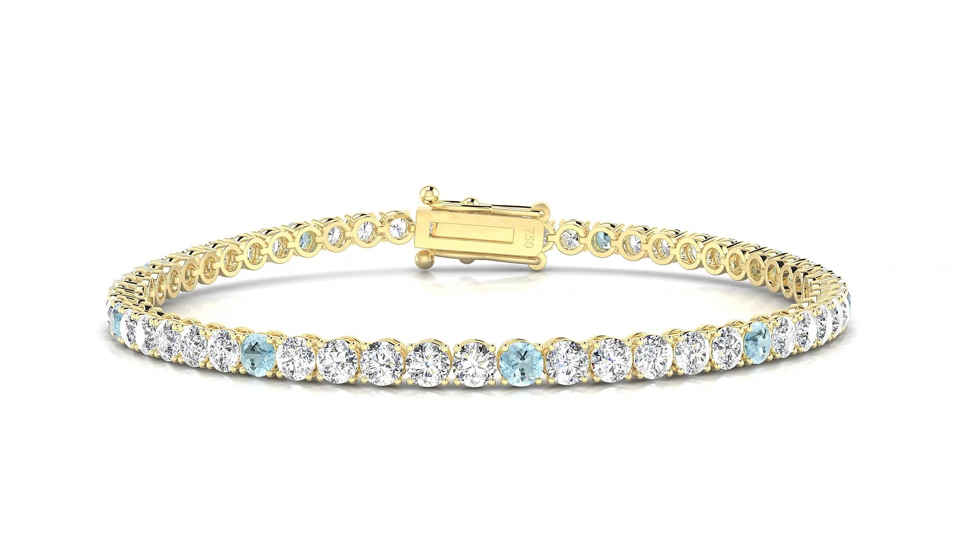 Firenze 1-5 | 18k Yellow Gold 3 mm Round Natural Aquamarine & Diamond Tennis Bracelet