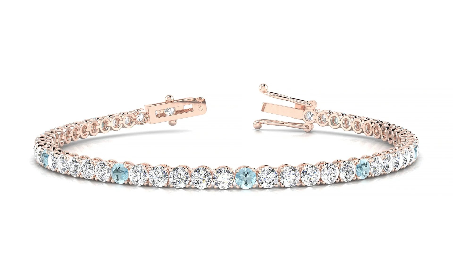 Firenze 1-5 | 18k Rose Gold 3 mm Round Natural Aquamarine & Diamond Tennis Bracelet