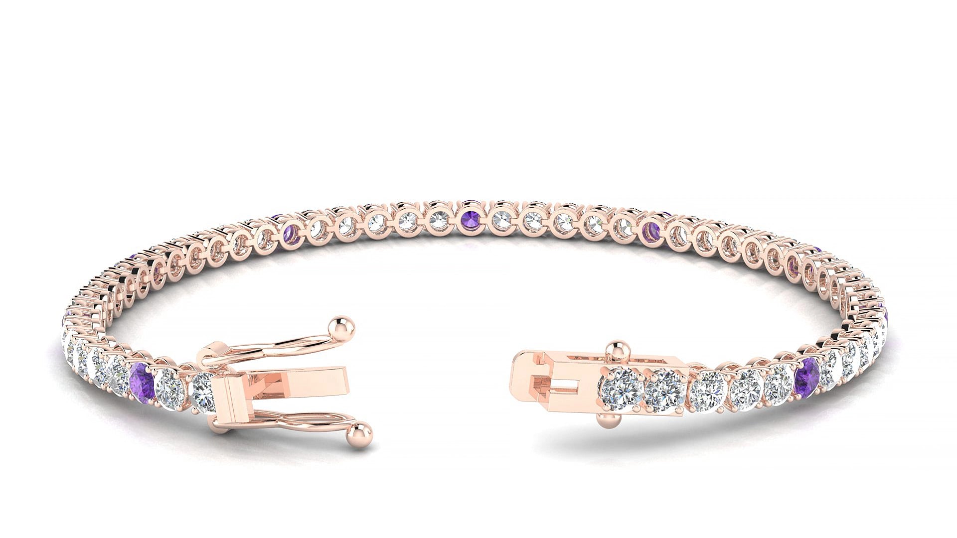 Firenze 1-5 | 18k Rose Gold 3 mm Round Natural Amethyst & Diamond 15 cm Tennis Bracelet