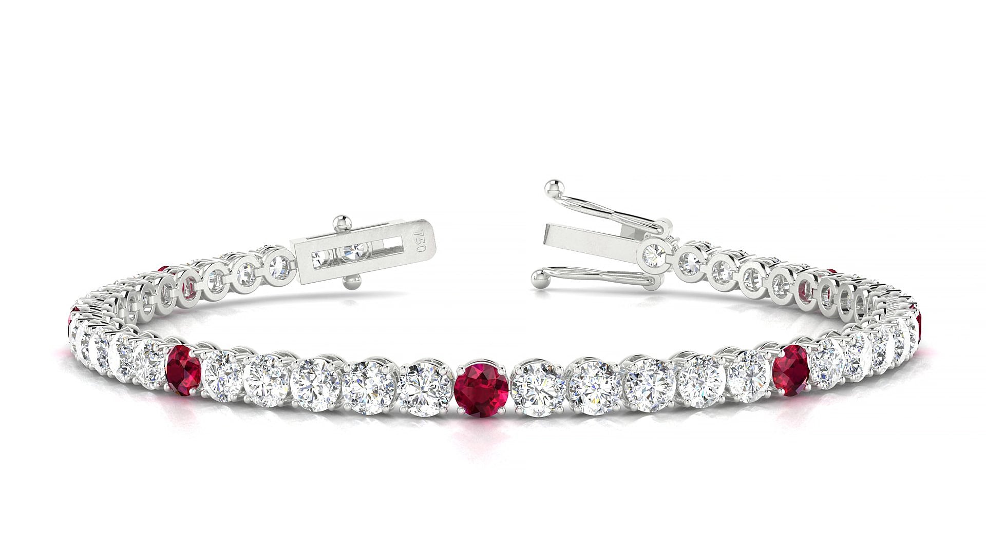 Firenze 1-5 | 18k White Gold 3.4 mm Round Natural Ruby & Diamond 15 cm Tennis Bracelet