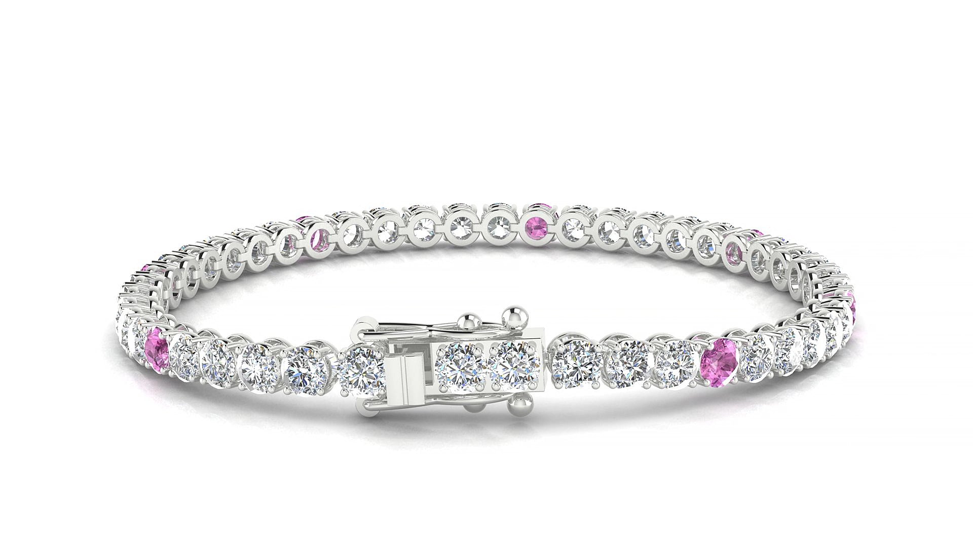 Firenze 1-5 | 18k White Gold 3.4 mm Round Natural Pink Sapphire & Diamond 15 cm Tennis Bracelet