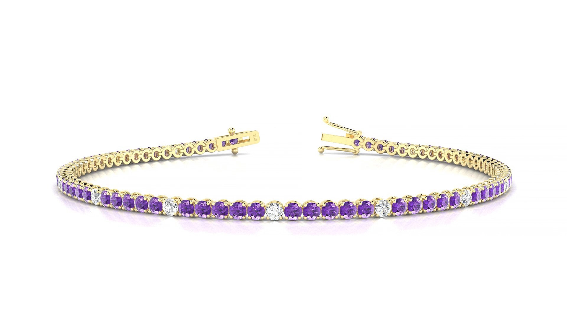 Firenze 5-1 | 18k Yellow Gold 2 mm Round Natural Amethyst & Diamond 15 cm Tennis Bracelet