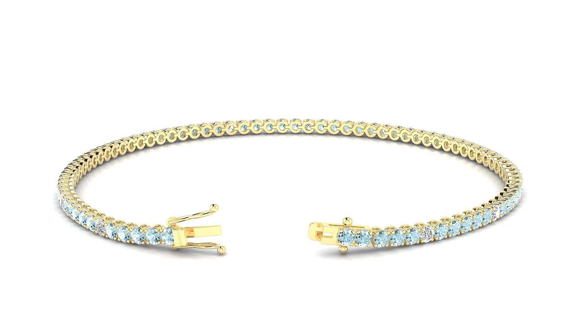 Firenze 5-1 | 18k Yellow Gold 2 mm Round Natural Aquamarine & Diamond 15 cm Tennis Bracelet