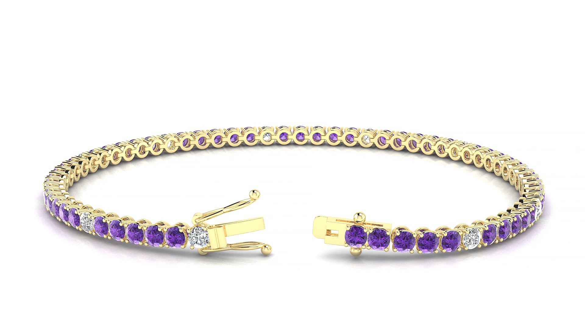 Firenze 5-1 | 18k Yellow Gold 2.5 mm Round Natural Amethyst & Diamond 15 cm Tennis Bracelet
