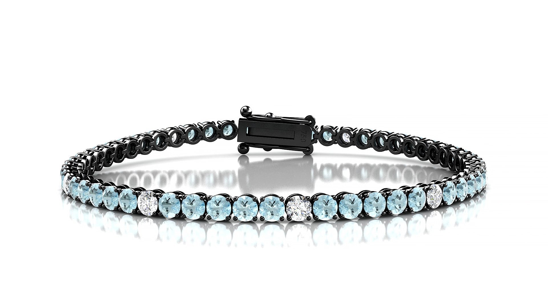 Firenze 5-1 | 18k Black Gold 3 mm Round Natural Aquamarine & Diamond 15 cm Tennis Bracelet