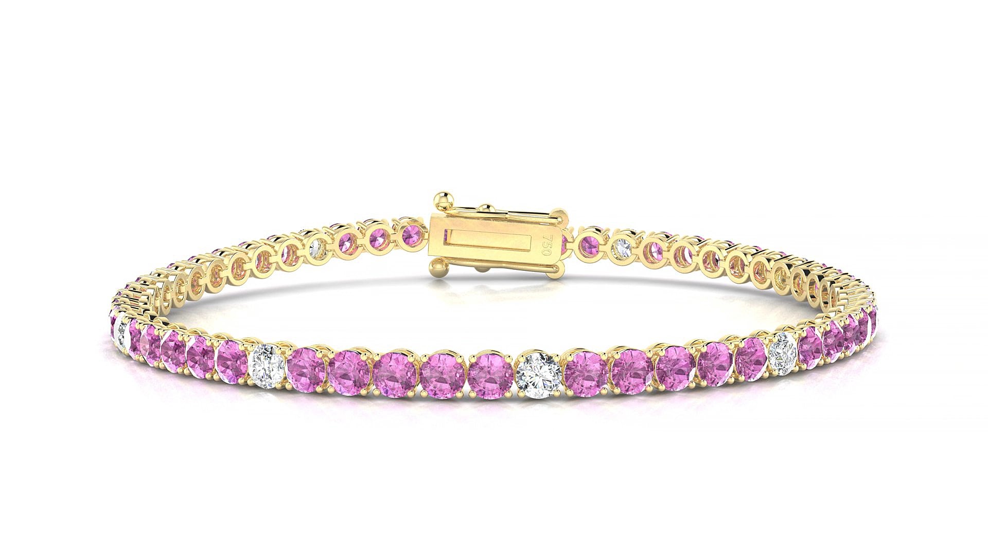 Firenze 5-1 | 18k Yellow Gold 3 mm Round Natural Pink Sapphire & Diamond 15 cm Tennis Bracelet