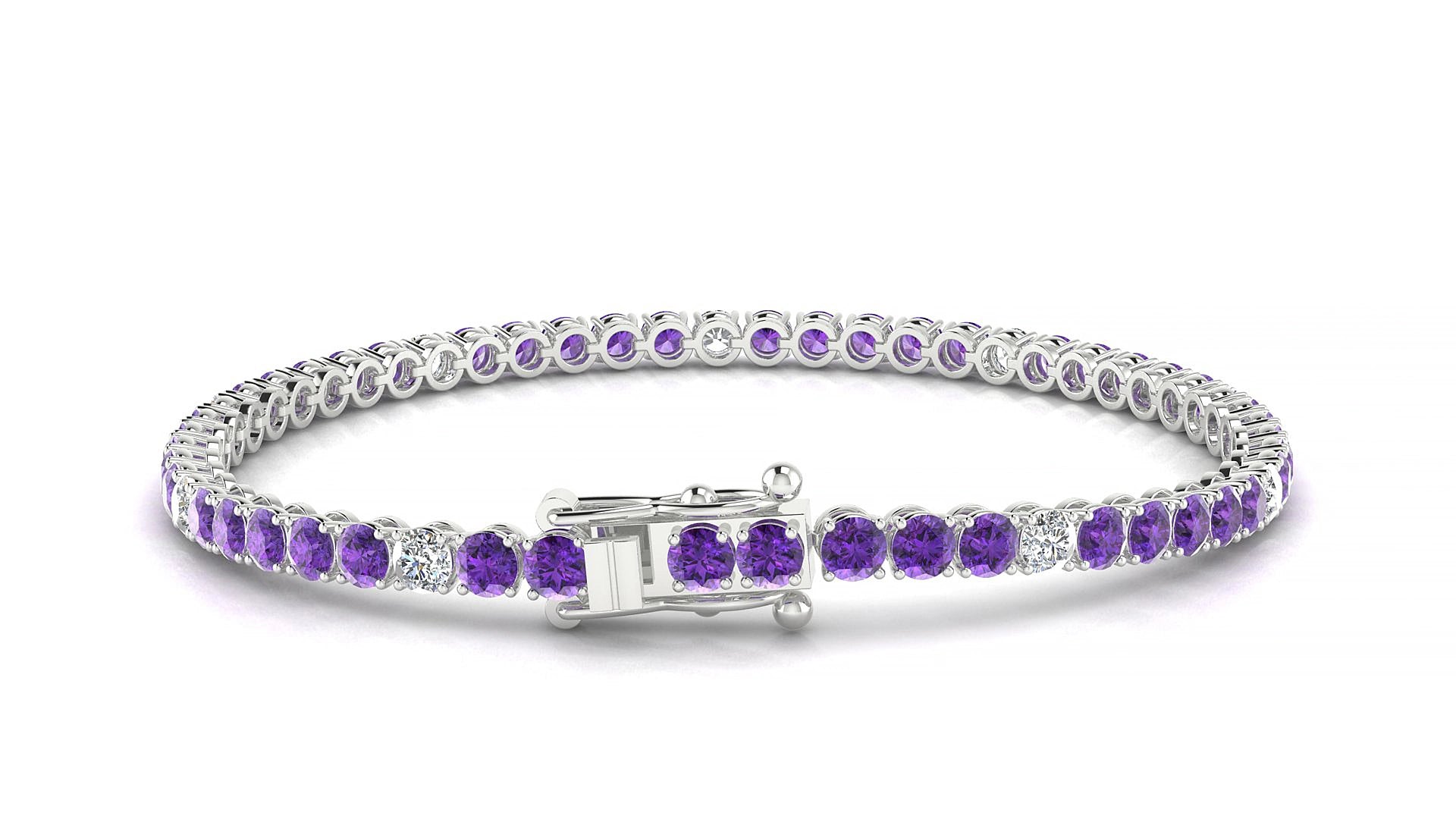 Firenze 5-1 | 18k White Gold 3 mm Round Natural Amethyst & Diamond 15 cm Tennis Bracelet