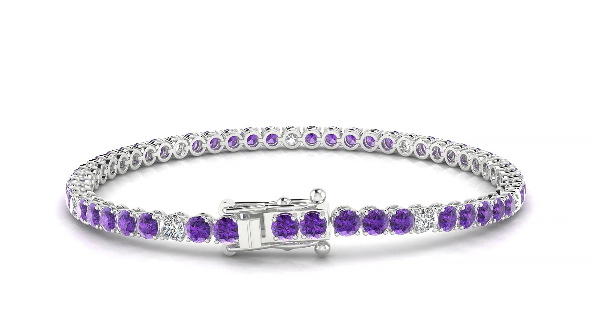 Firenze 5-1 | 18k White Gold 3 mm Round Natural Amethyst & Diamond Tennis Bracelet
