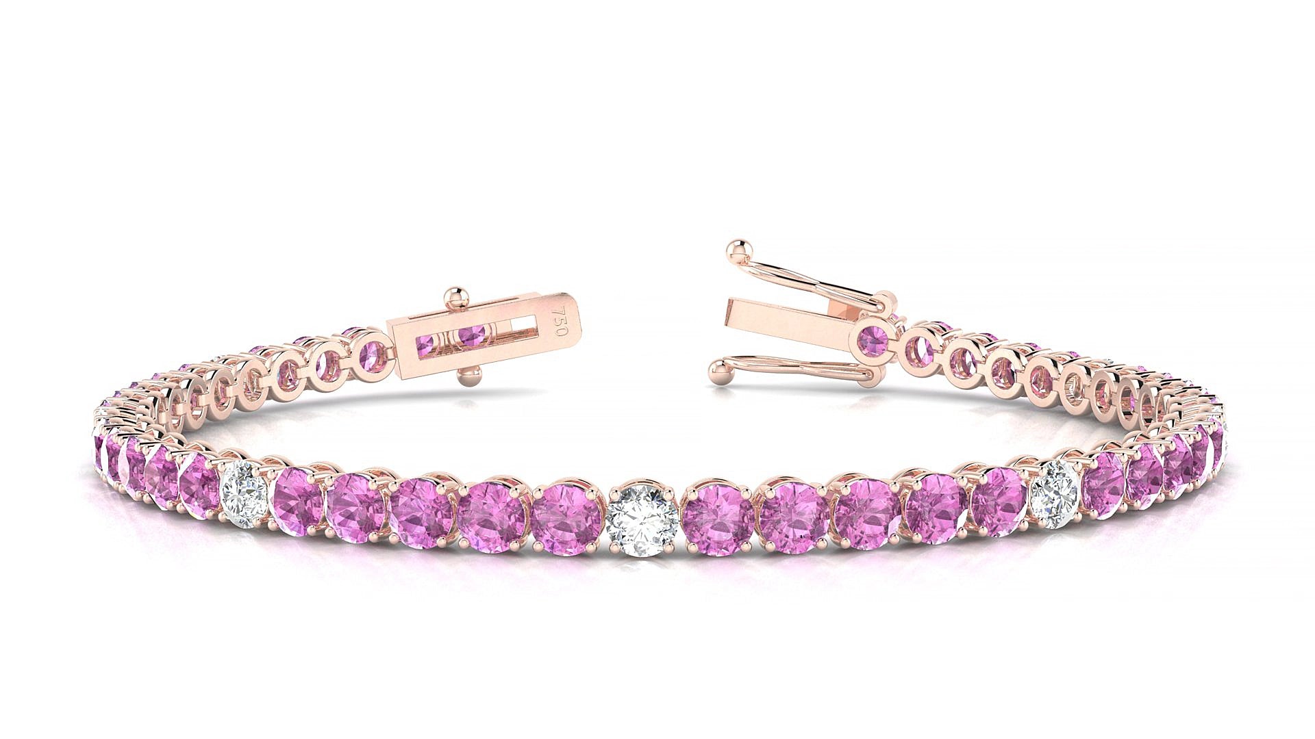 Firenze 5-1 | 18k Rose Gold 3.4 mm Round Natural Pink Sapphire & Diamond 15 cm Tennis Bracelet