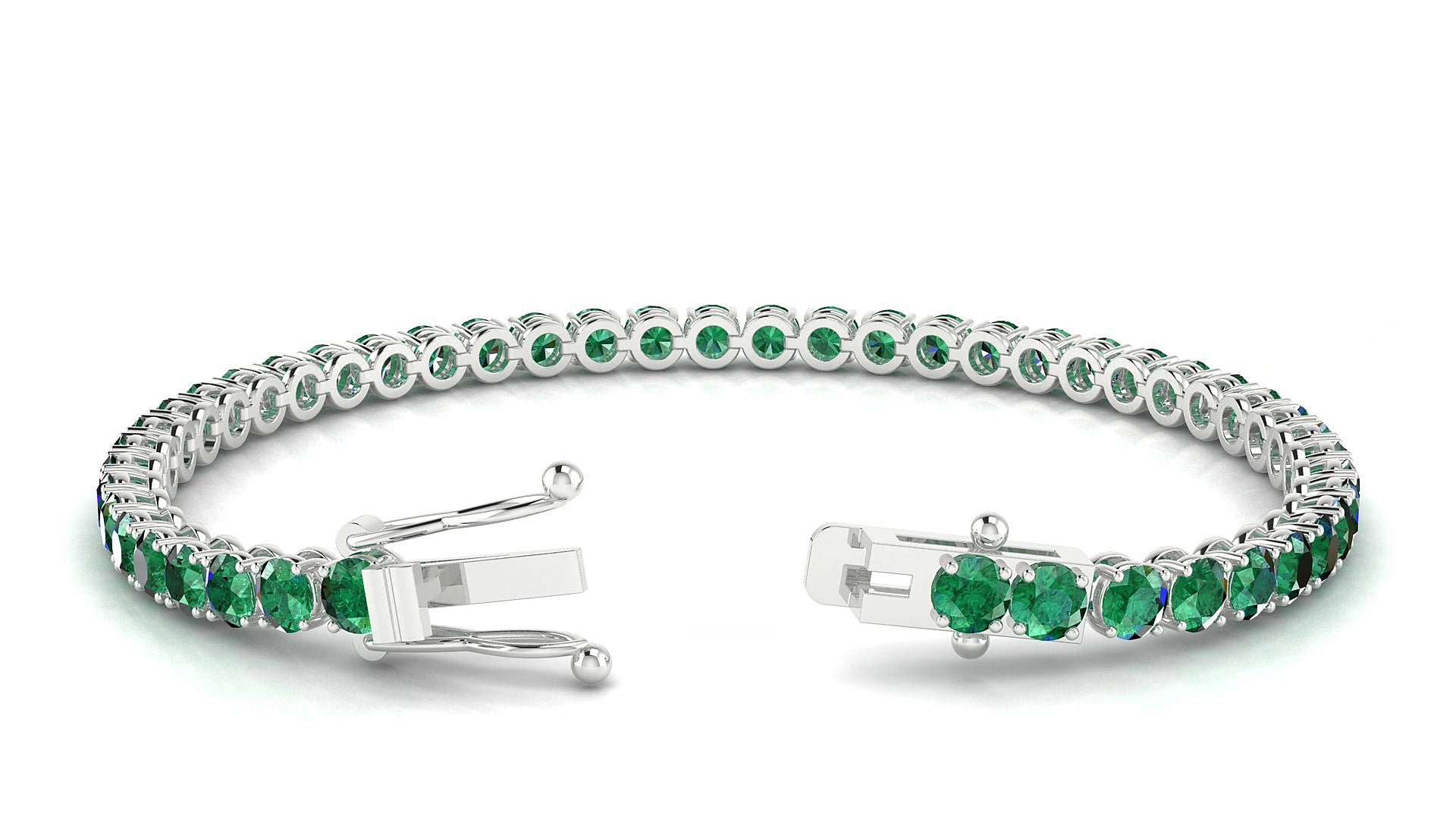 Firenze | 18k White Gold 3.4 mm Round Natural Emerald 15 cm Tennis Bracelet