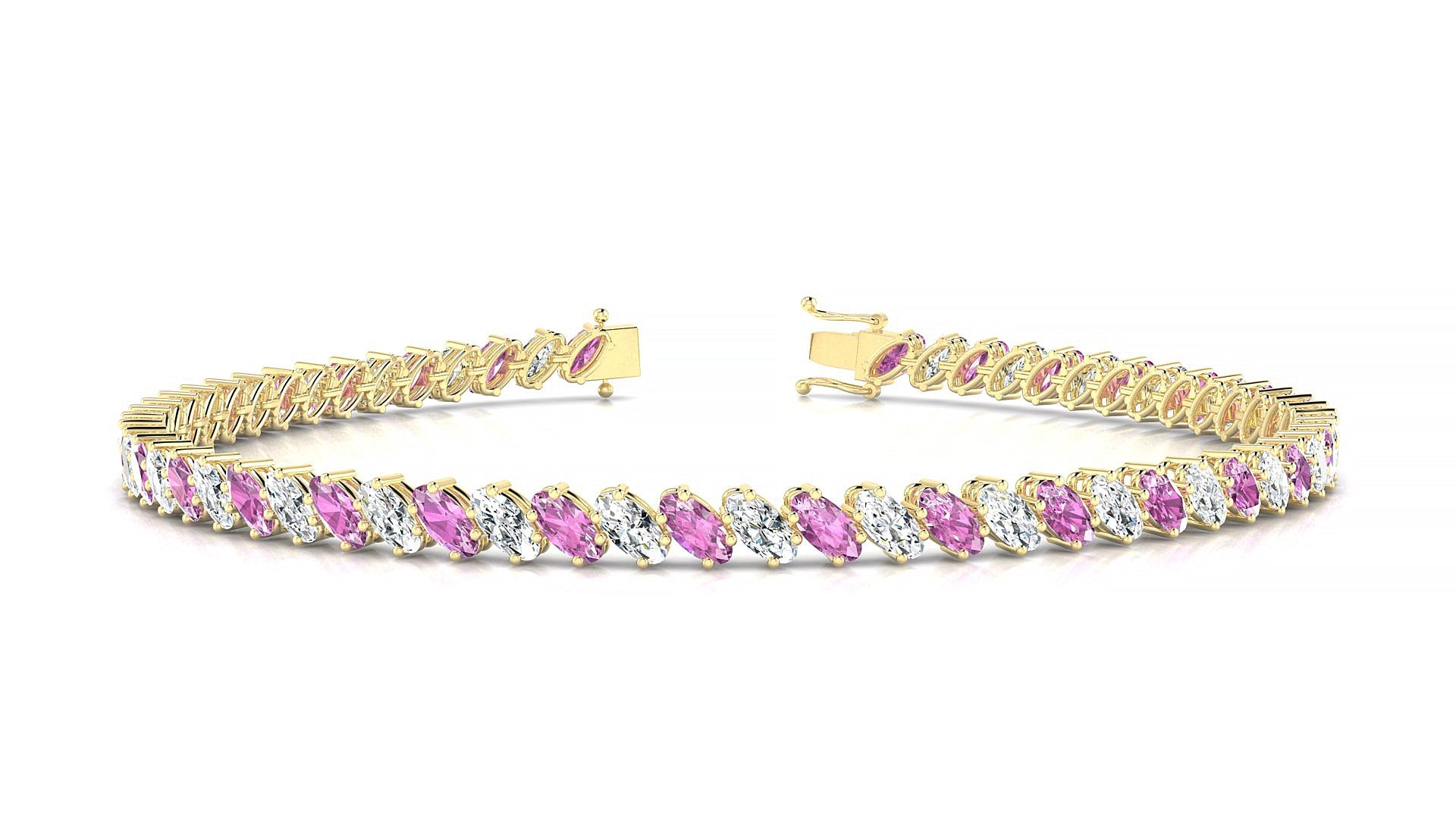 Nîmes 1-1 | 18k Yellow Gold 4 x 2 mm Oval Natural Pink Sapphire & Diamond Tennis Bracelet