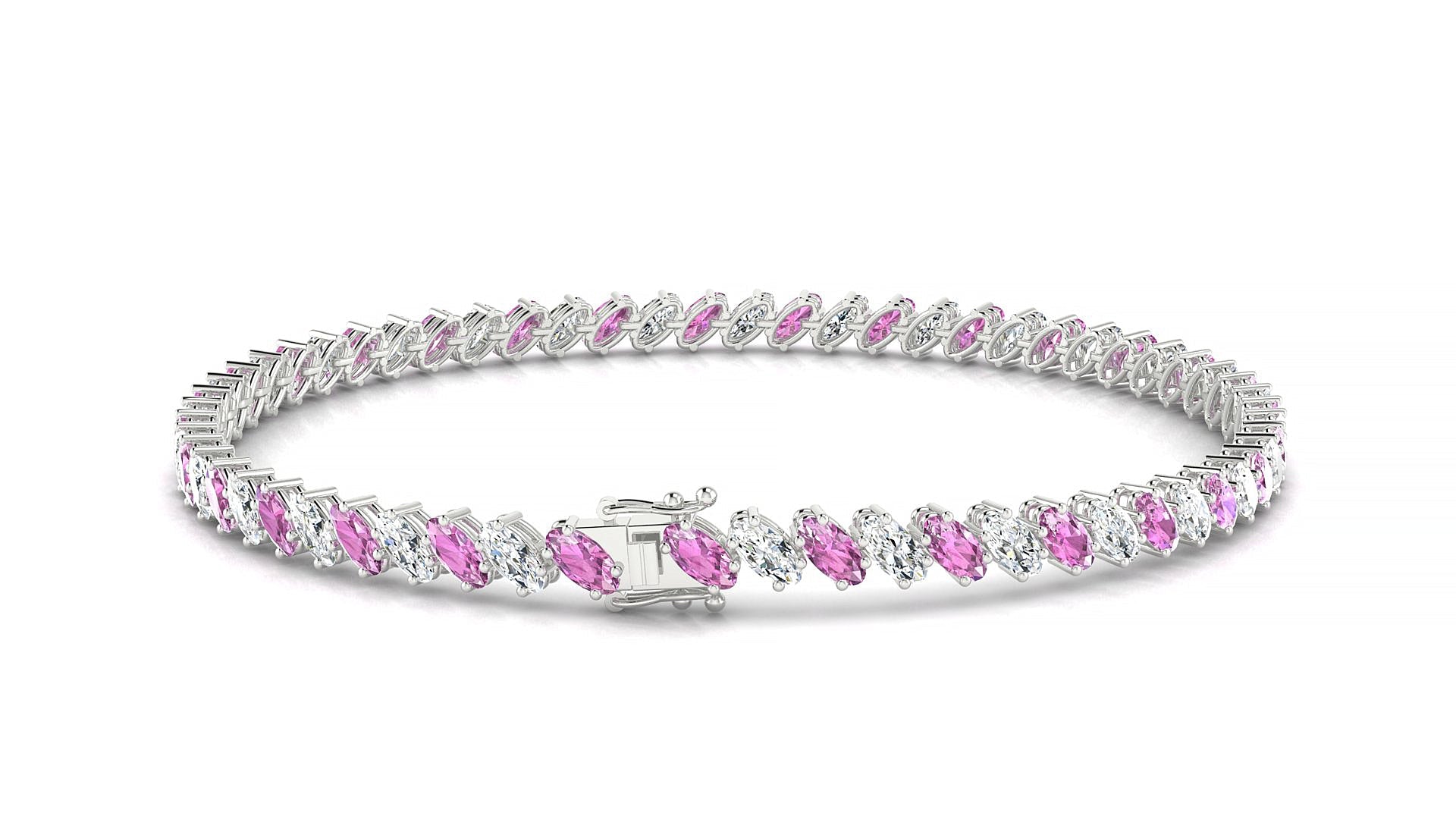 Nîmes 1-1 | 18k White Gold 4 x 2 mm Oval Natural Pink Sapphire & Diamond Tennis Bracelet