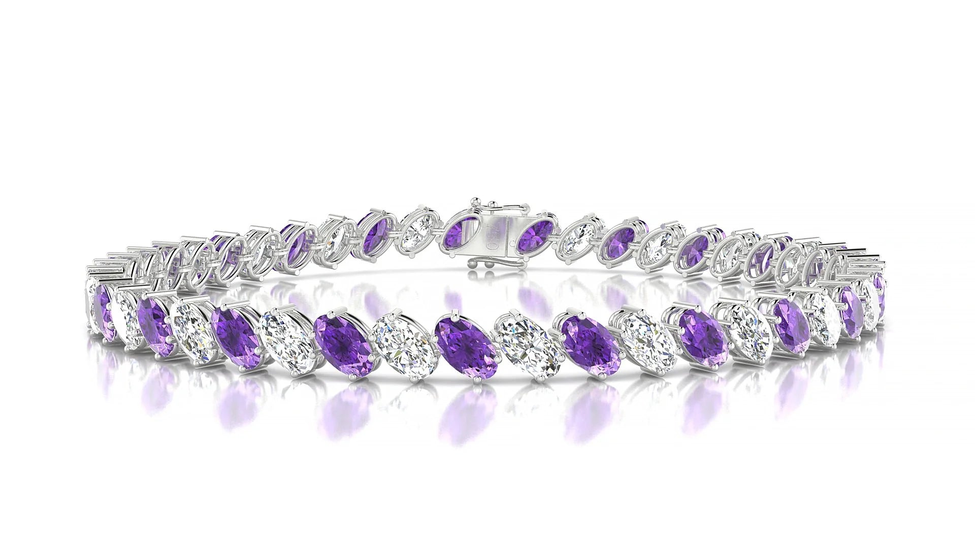 Nîmes 1-1 | 18k White Gold 5 x 3 mm Oval Natural Amethyst & Diamond Tennis Bracelet