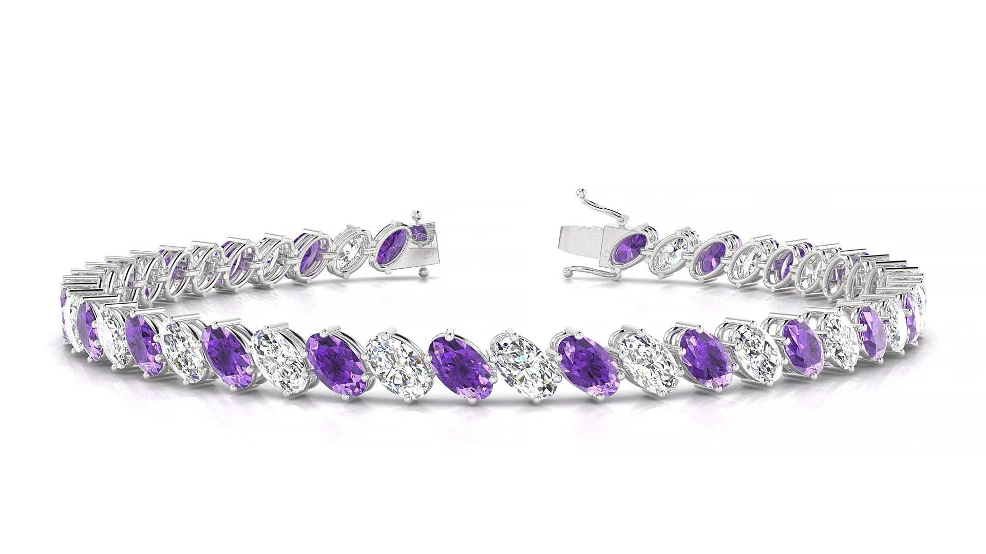 Nîmes 1-1 | 18k White Gold 5 x 3 mm Oval Natural Amethyst & Diamond Tennis Bracelet