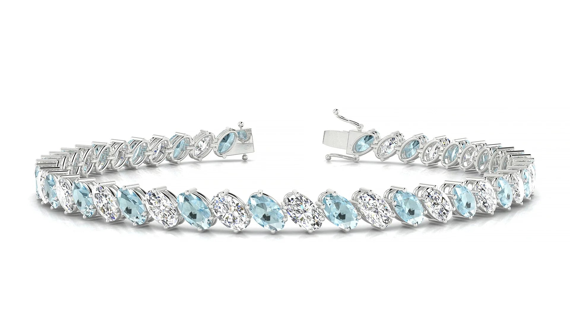 Nîmes 1-1 | 18k White Gold 5 x 3 mm Oval Natural Aquamarine & Diamond Tennis Bracelet